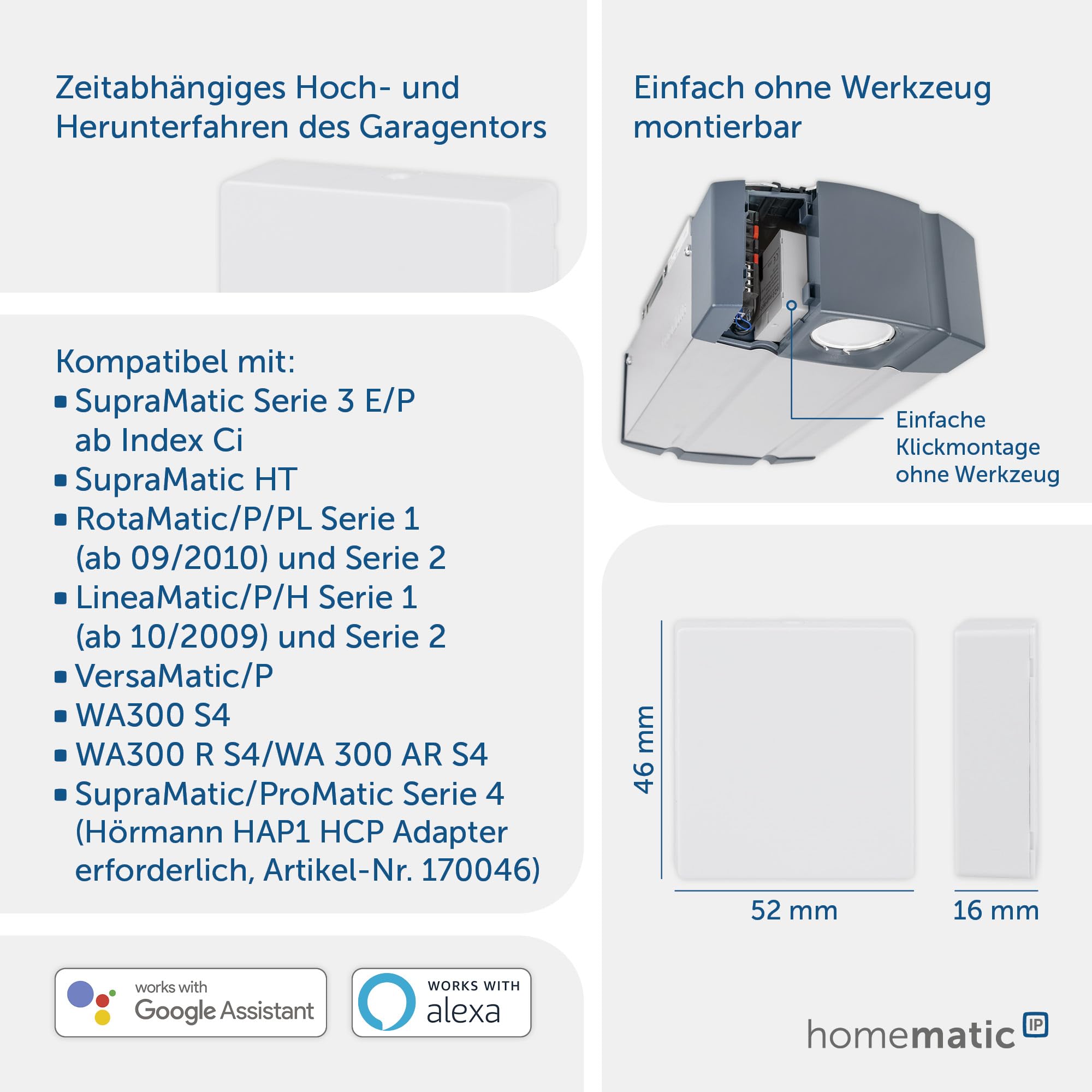 Moduł Homematic IP Smart Home do napędów Hörmann, cyfrowe sterowanie drzwiami garażowymi za pośrednictwem aplikacji, Alexa i Google Assistant, łatwa instalacja, dla operatora bram garażowych Hörmann, 153986A0