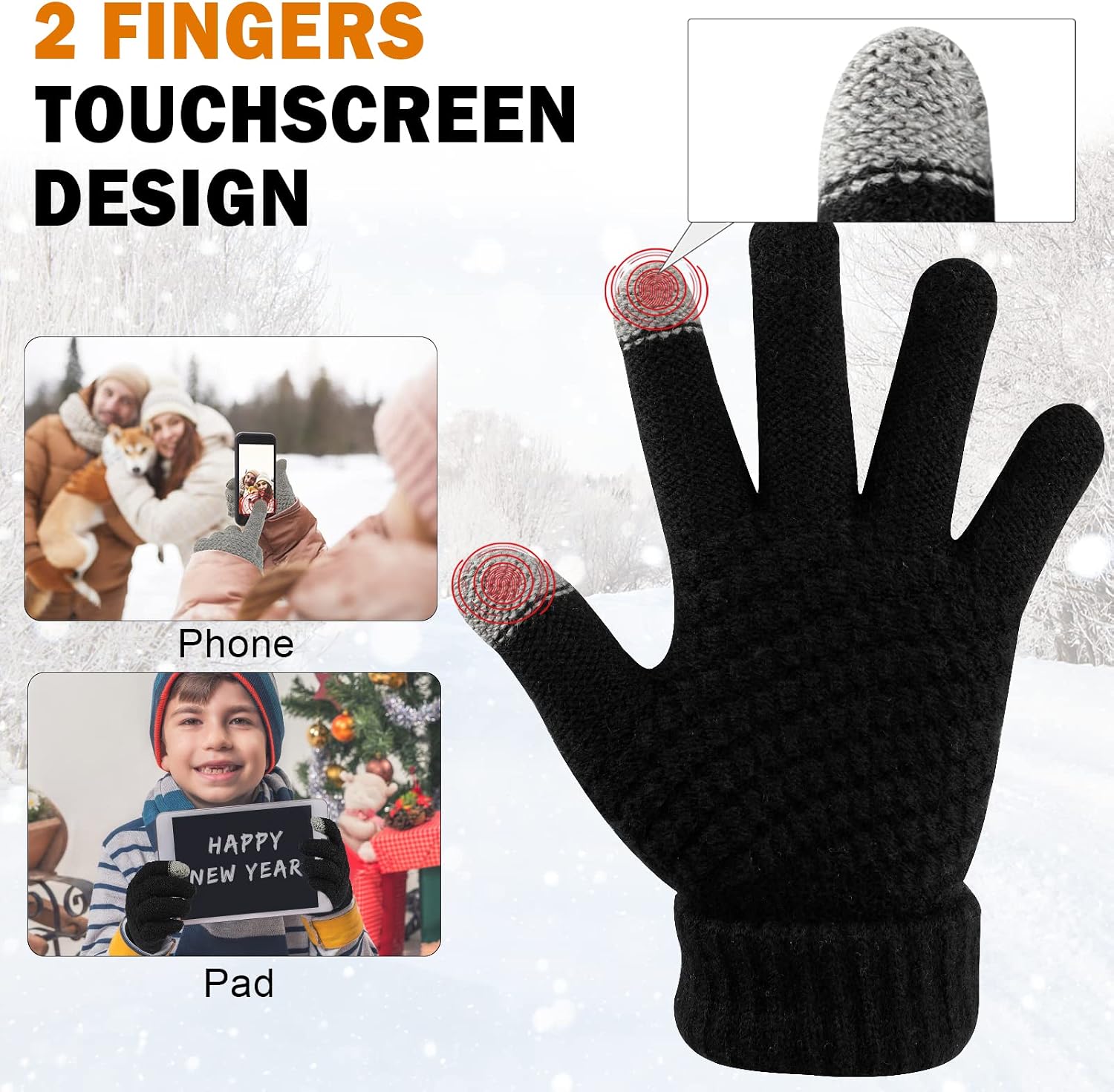 ONESING 3 Pairs Kids Winter Gloves - Touch Screen, Thermal Knit Toddler Gloves for Boys & Girls
