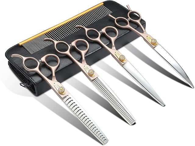 JASON Dog Grooming Scissors Set, Professional 6 in 1 Dog Scissors Sharp & Durable Shears Set - 7" Thinning, Chunker, Straight, Curved Shears and Comb for Dog Cat Pet, Rosegold