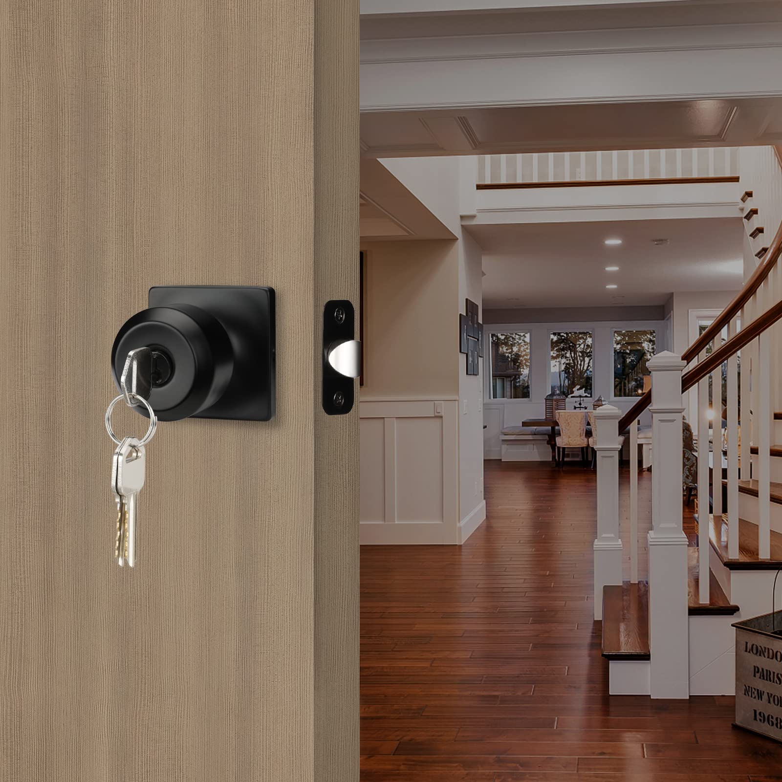 Haidms Paquete de 5 pomos de puerta negro mate con cerradura y llave, pomos de puerta de entrada exterior, pomos de puerta delantera negra, pomos de puerta de bloqueo con llaves, pomos de puerta