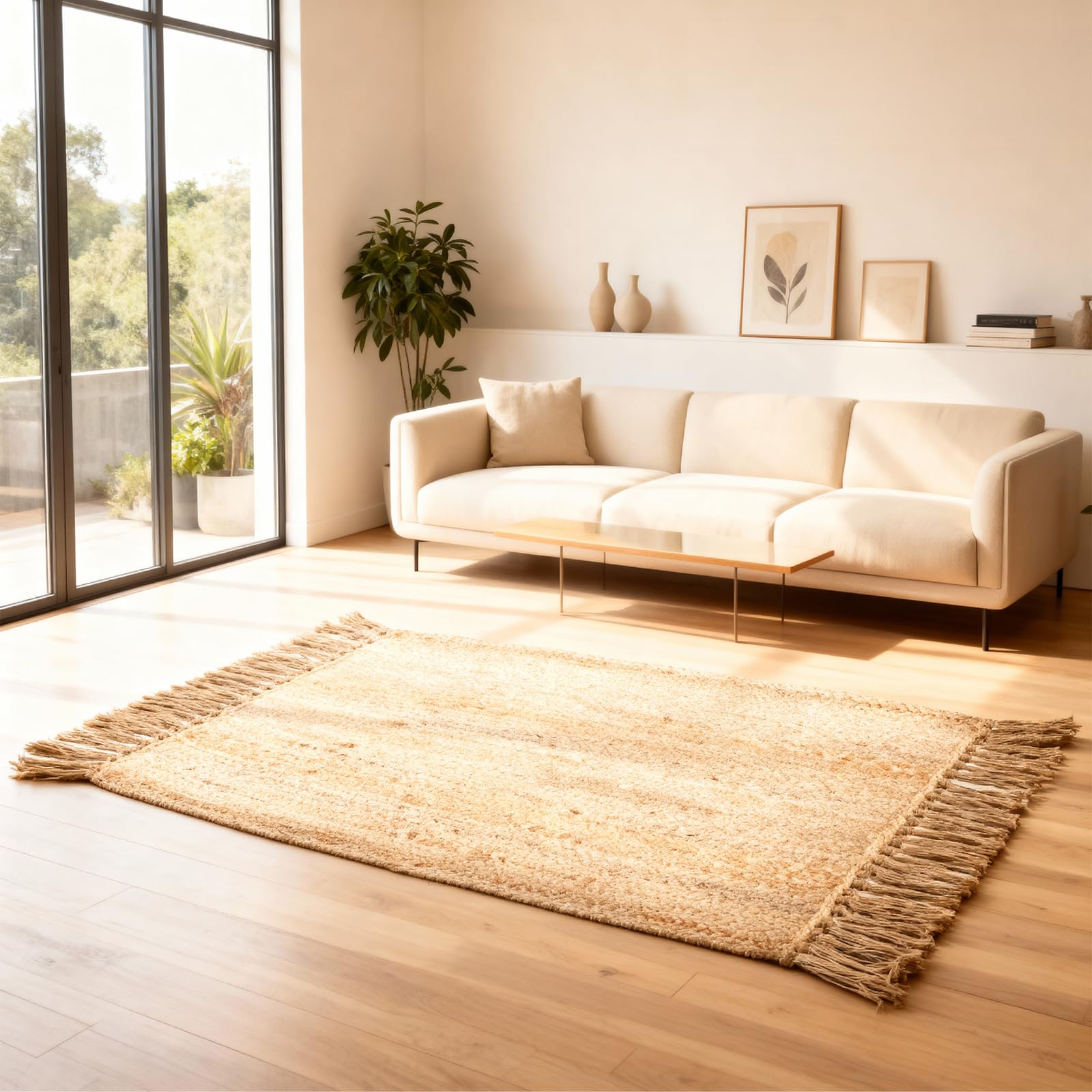 FURNISHFUL FINESSE Handwoven Natural Jute Rug with Tassels – 60 x 90 cm Reversible Organic Fiber Area Rug – Rustic Vintage Boho Chic Home Decor, Eco-Friendly Hard-Wearing Entrance Welcome Door Mat