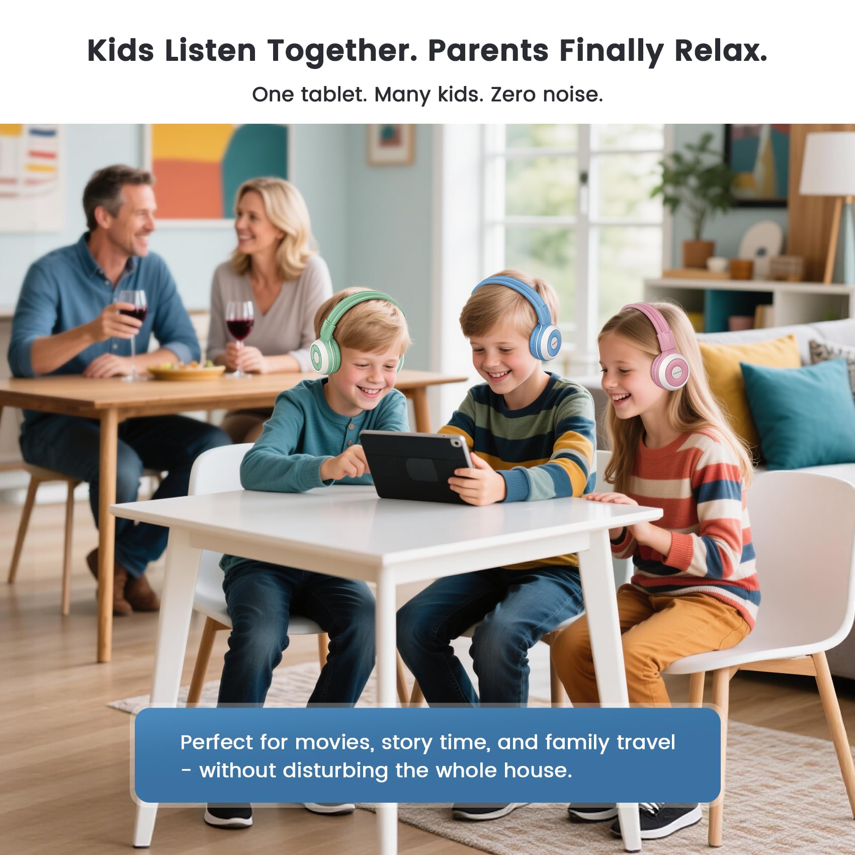 SIMOLIO Confezione da 2 cuffie Bluetooth per bambini per l'ascolto di gruppo, compatibili con qualsiasi dispositivo Bluetooth singolo per viaggi scolastici in famiglia, film e musica, microfono
