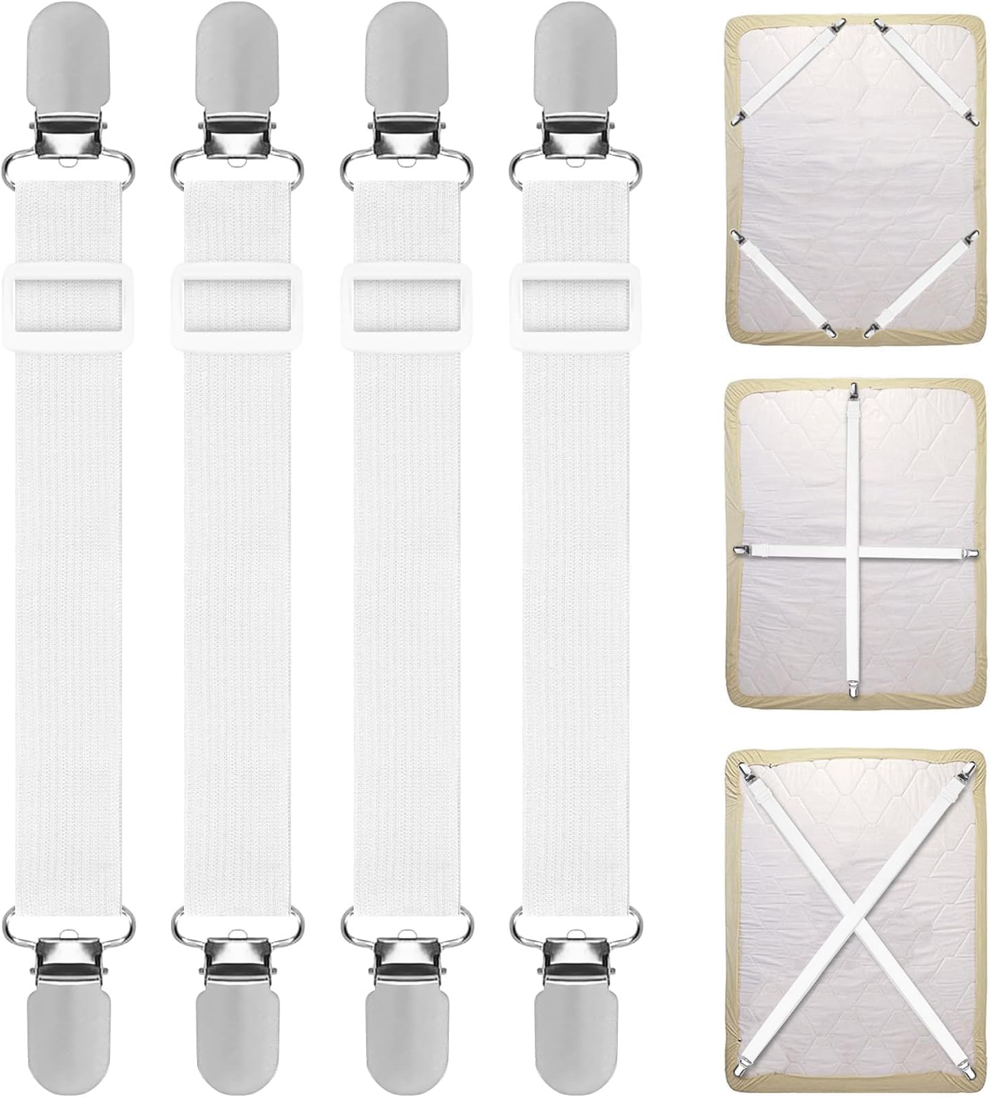 Bed Sheet Clips, 4PCS Adjustable Bed Sheet Straps, Elastic Sheet Straps Suspenders Clips for Bedding, Fitted Bed Sheet Grippers to Keep Your Sheets in Place