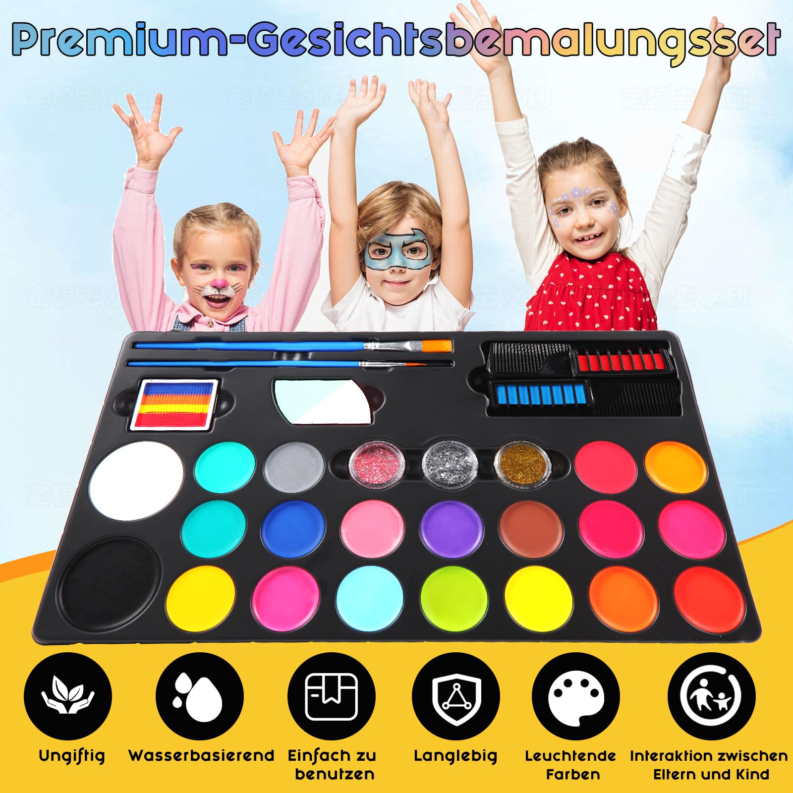 Ugmic Kinderschminke Set, 20 Farben Wasserbasis,38Pcs Ungiftige Kinderschminke,Haarkreiden Pinsel Körperfarben Kinderschminke Set Mädchen für Halloween Karneval Make-up Face Paint