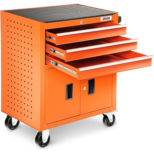DNA MOTORING 3-Drawer Rolling Tools Chest, Rolling Tool Storage Cabinet, Heavy Duty Mechanic Tool Cart, Trolley Organizer for Garage, Warehouse, Workshop, Orange, TOOLS-00405