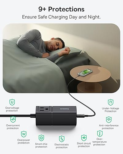 Miniatura 8 de Baseus Estación de carga de 67 W, tira de alimentación de viaje desmontable 5 en 1, cargador rápido USB C, cable de extensión plano de 5 pies con 2