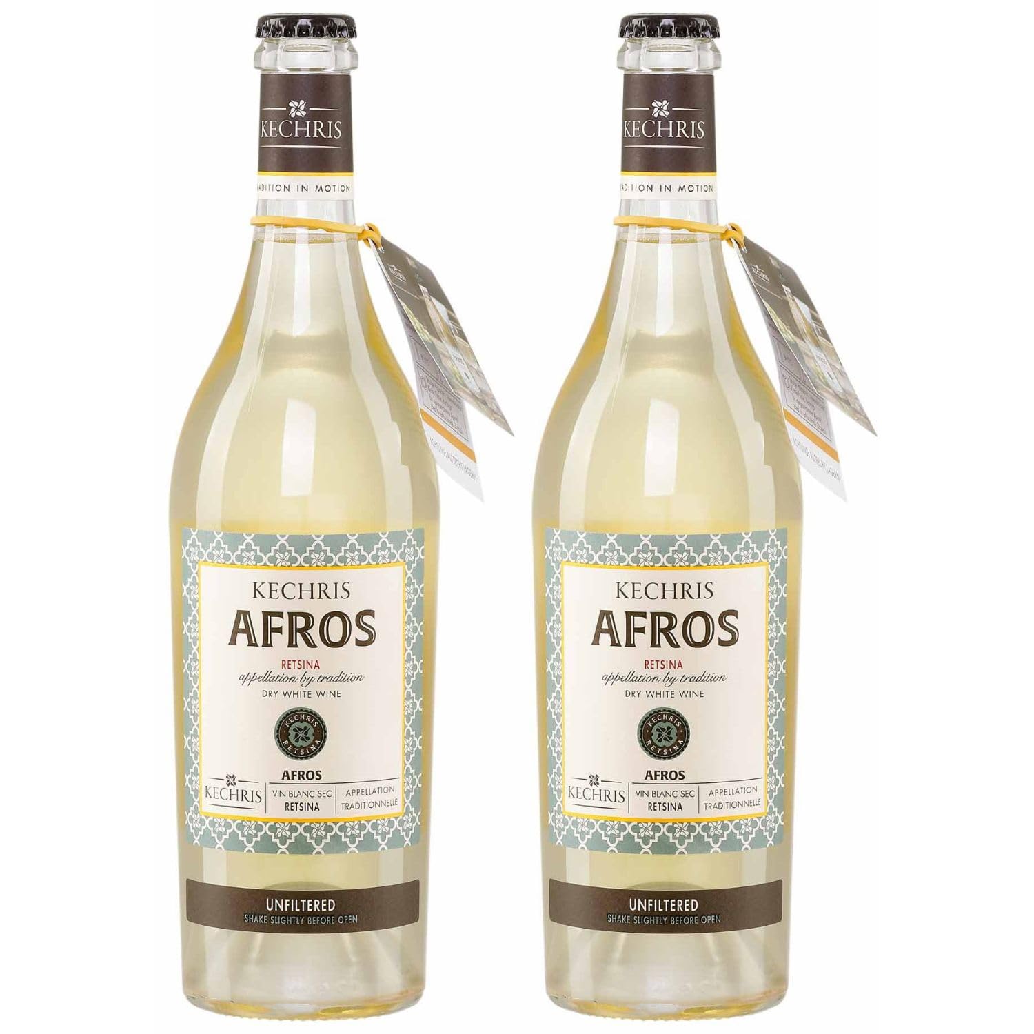 Afros Retsina weiß trocken Kechri 2x 0,75l Flasche | Sparkling | Trockener geharzter Weißwein aus Griechenland | +20ml Jassas Olivenöl