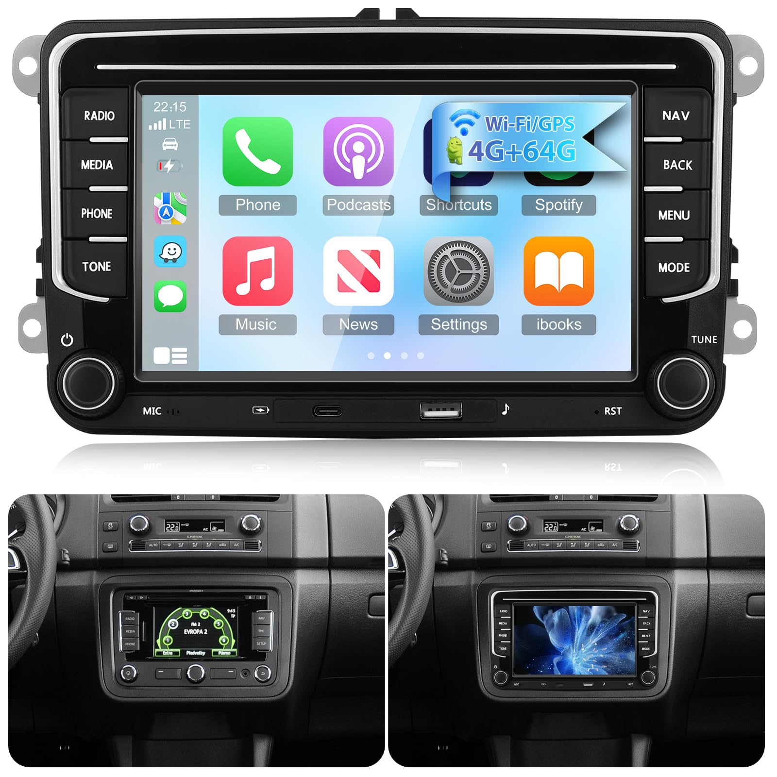 NHOPEEW Autoradio Android da 7 pollici 4 + 64G con USB Type C per VW Passat b6 b7 Golf 5 6 Jetta T5 EOS POLO Touran Seat Sharan Supporta Carplay e Android Auto WiFi GPS + Telecamera posteriore