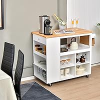 Vista 9 de Giantex Carrito de isla de cocina con ruedas, mesa de isla rodante con parte superior de madera de caucho, cajón, estante para especias de 3