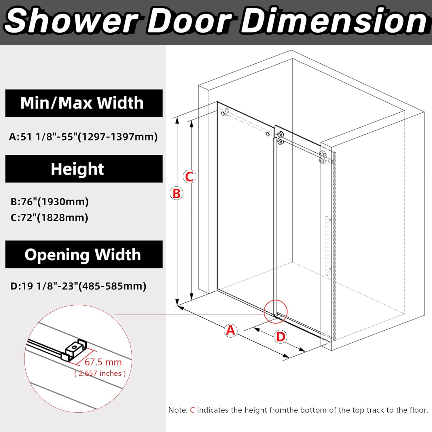 Sunrosa Frameless Shower Door, 51-55" W x 76" H Sliding Shower Door with Handle, Glass Shower Door with 5/16" (8mm) Clear SGCC Tempered Glass, Brushed Nickel