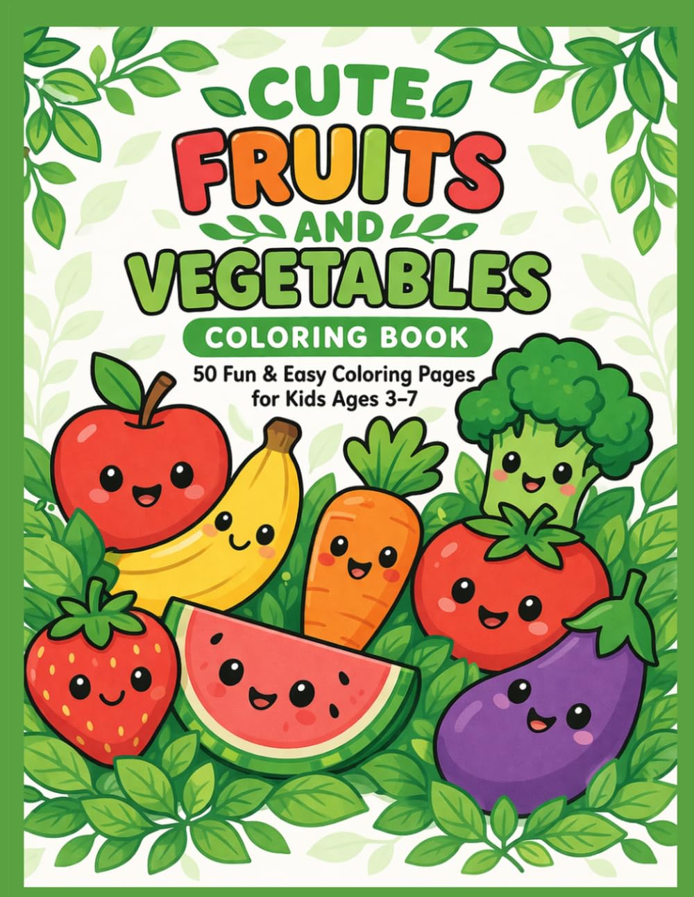 Cute Fruits and Vegetables Coloring Book for Kids Ages 3–7: Fun and Easy Healthy Food Coloring Pages for Toddlers and Preschoolers