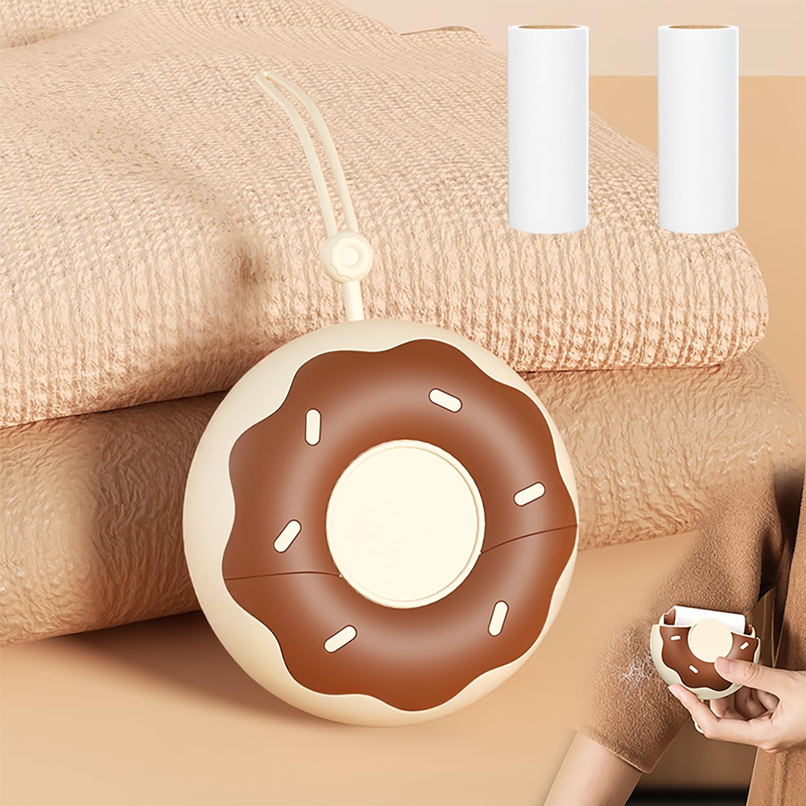 Portable Donut Shape Portable Lint Remover Roller, Reusable Mini Lint Roller, Pet Hair Remover for Clothes with 90 Sheets Refillable (Brown)