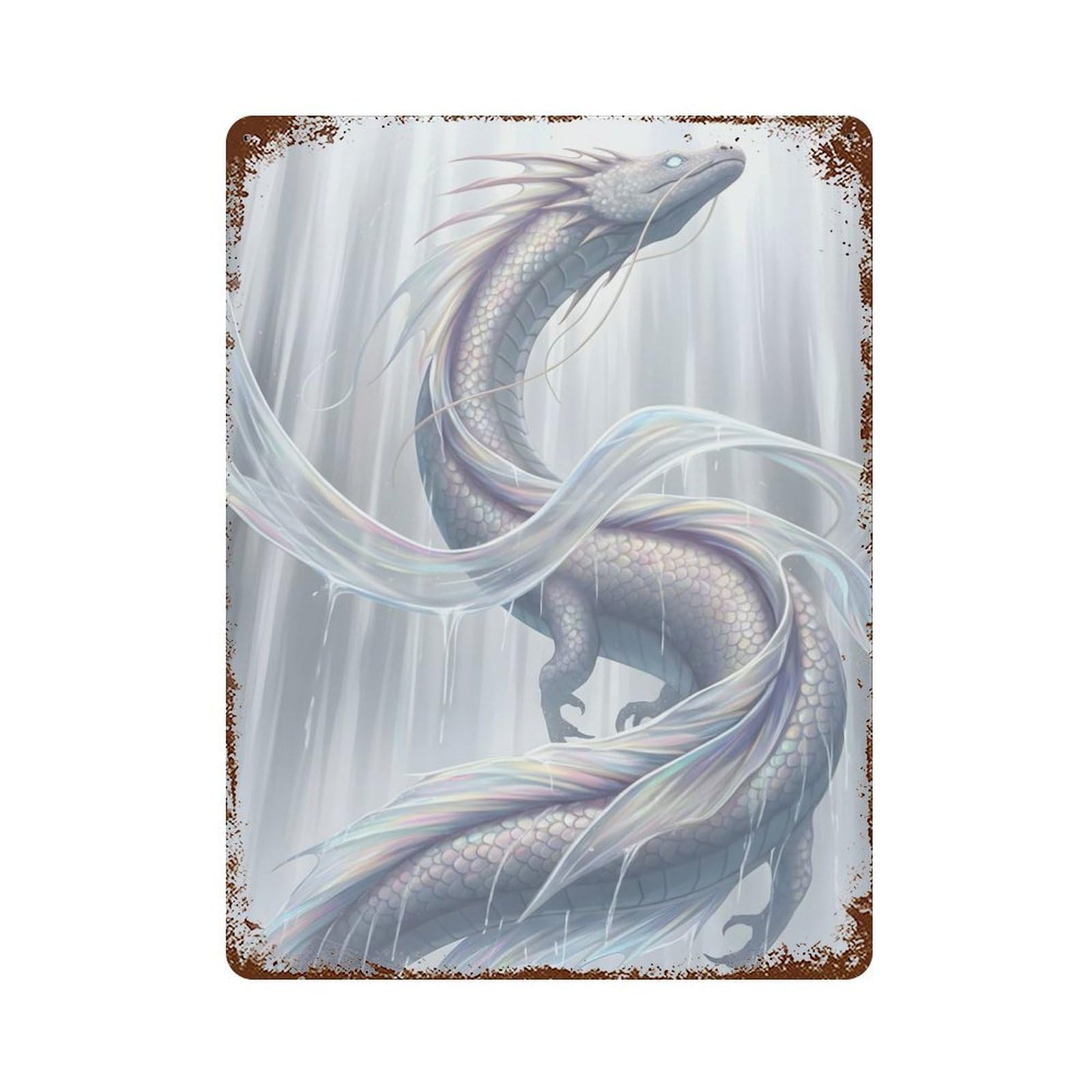 White Dragon Waterfall Fantasy Art Decorative Tin Sign 15.7"x11.8", Vintage Wall Decor for Garage, Pub Or Kitchen