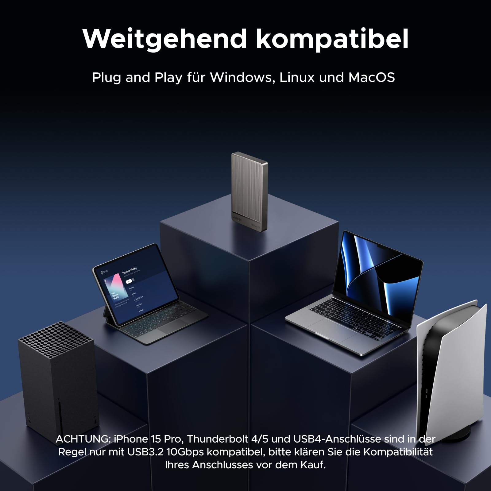 UGREEN Extreme Portable SSD 1 TB, 2.000 MB/s Lesen, 2.000 MB/s Schreiben, USB 3.2 Gen.2x2, Externe Festplatte für Mac, PC, Smartphone, Kamera und MU-PG1T0B/EU