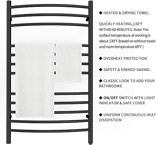 Miniatura 3 de HEATGENE - Calentador de toallas de montaje en pared, enchufecableado eléctrico, estante de toallas calentado, 4 soportes, negro mate