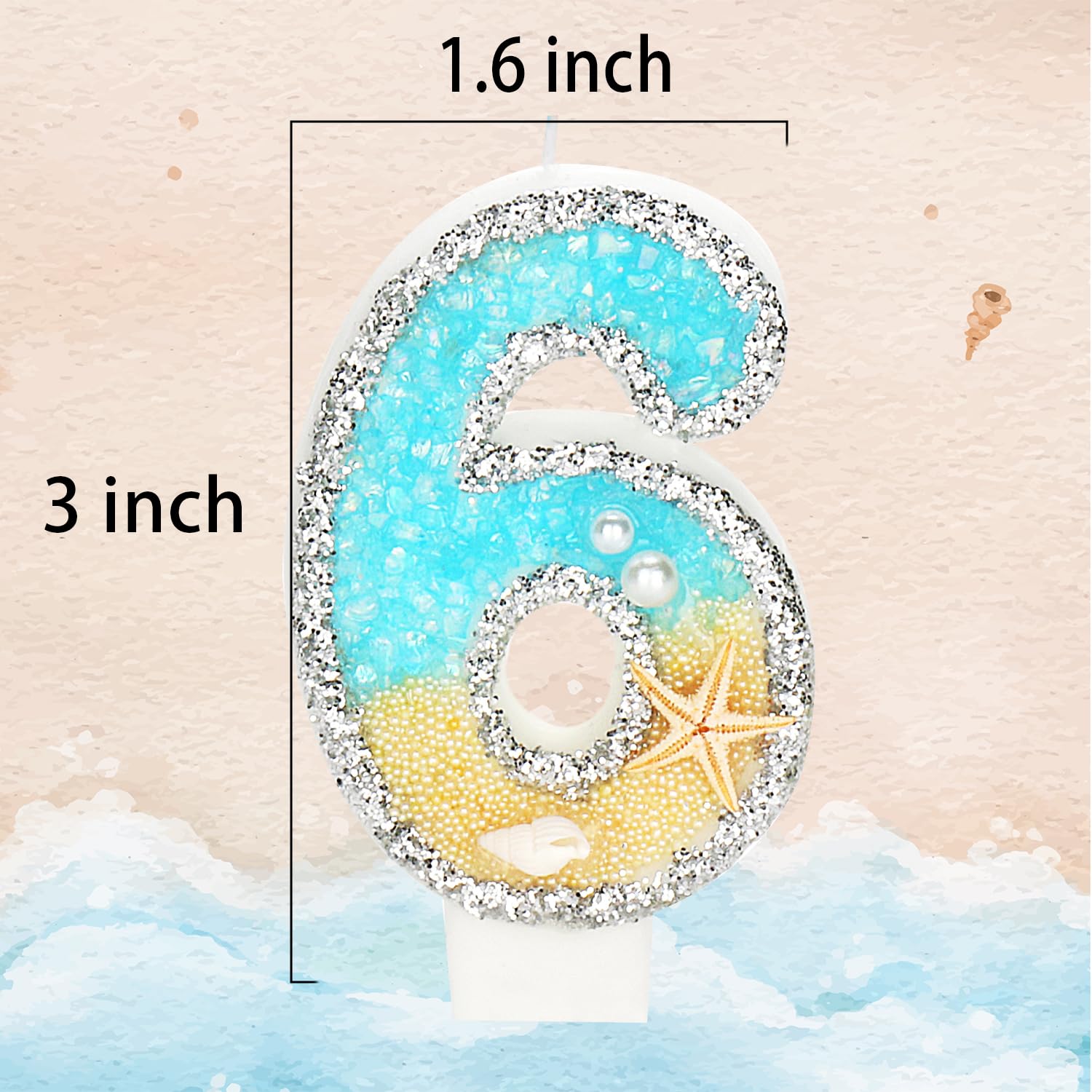 Vela de cumpleaños número 6 para pastel, velas de pastel con número 6 de estrella de mar de playa, vela de feliz cumpleaños número 6, decoración de pastel para fiesta de cumpleaños (número 6)