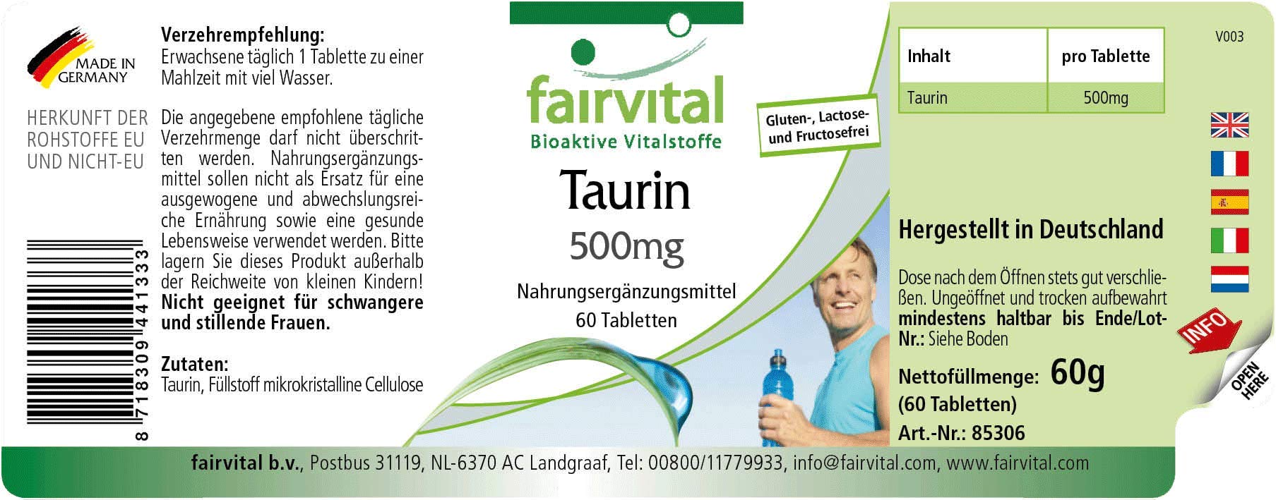 fairvital Taurina 500 mg, 60 compresse, ad alto dosaggio con 500 mg per compressa, VEGANO