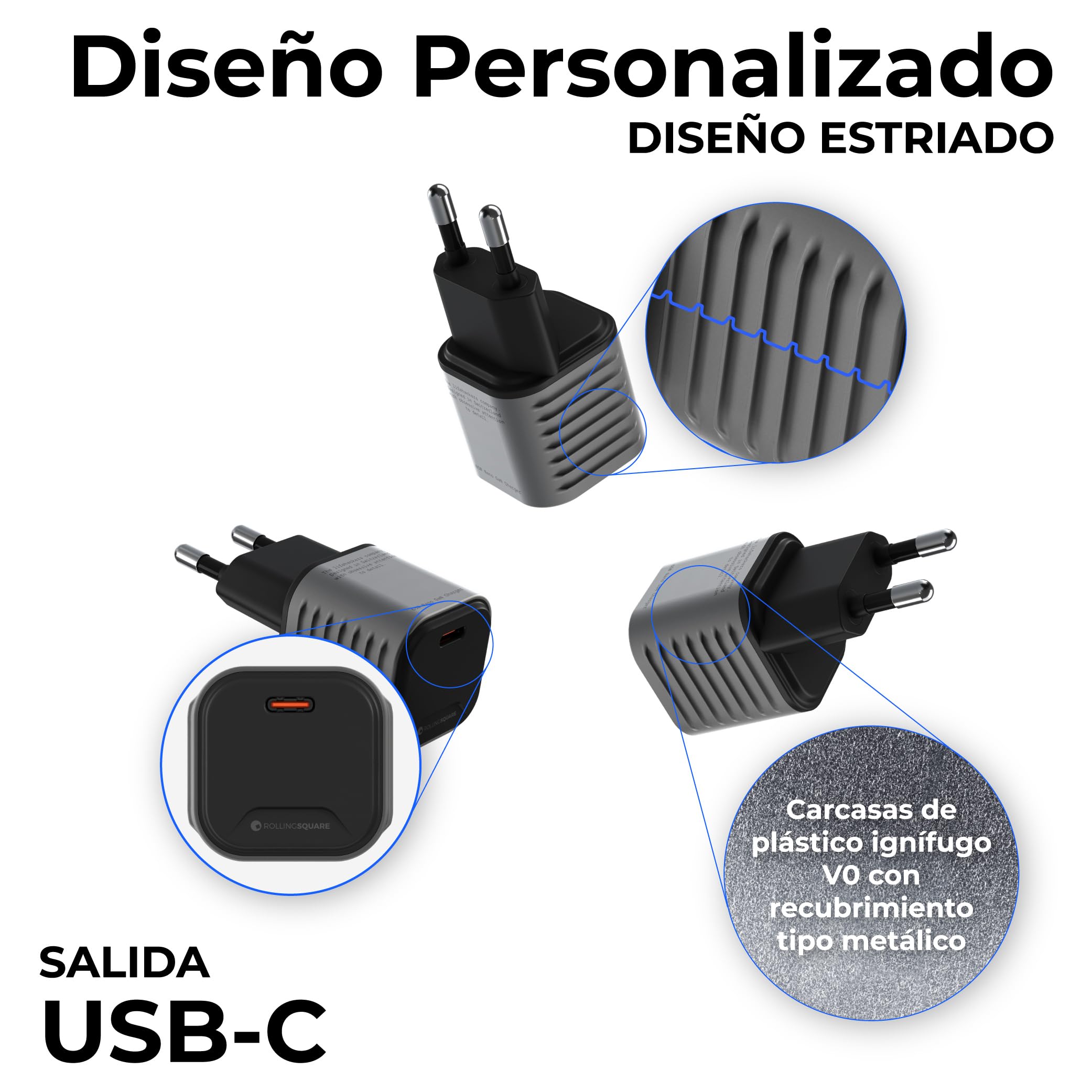 Rolling Square Supertiny - 65W Cargador Portátil de Pared USB C Carga Rapida 65W GAN Ultra Pequeño, Adaptador Enchufe EU Pared para Ordenador Portátil, Telefono Móvil, Tableta