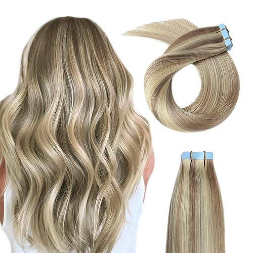 YILITE Extensiones de cabello Remy adhesivas de color rubio cenizo 18 con reflejos 613, extensiones de cabello rubio decolorado, extensiones de
