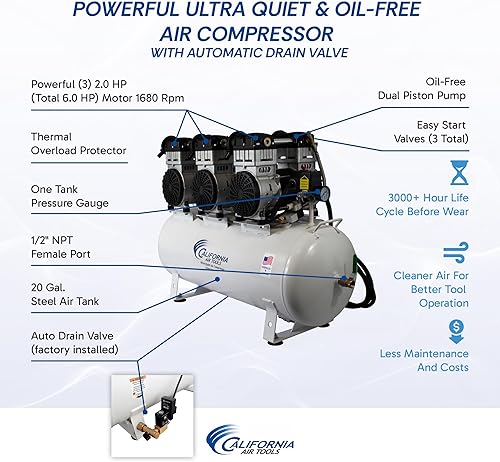 Miniatura 2 de California Air Tools 20060CAD Potente compresor de aire ultra silencioso y sin aceite de 6.0 HP, tanque de 20 galones, nivel de ruido de 78 dB, con