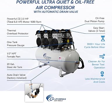 California Air Tools 20060CAD Powerful 6.0 HP Ultra Quiet and Oil-Free Air Compressor, 20 Gallon Tank, 78 dB Noise Level, with Automatic Drain Valve, 220V / 60Hz, Off White