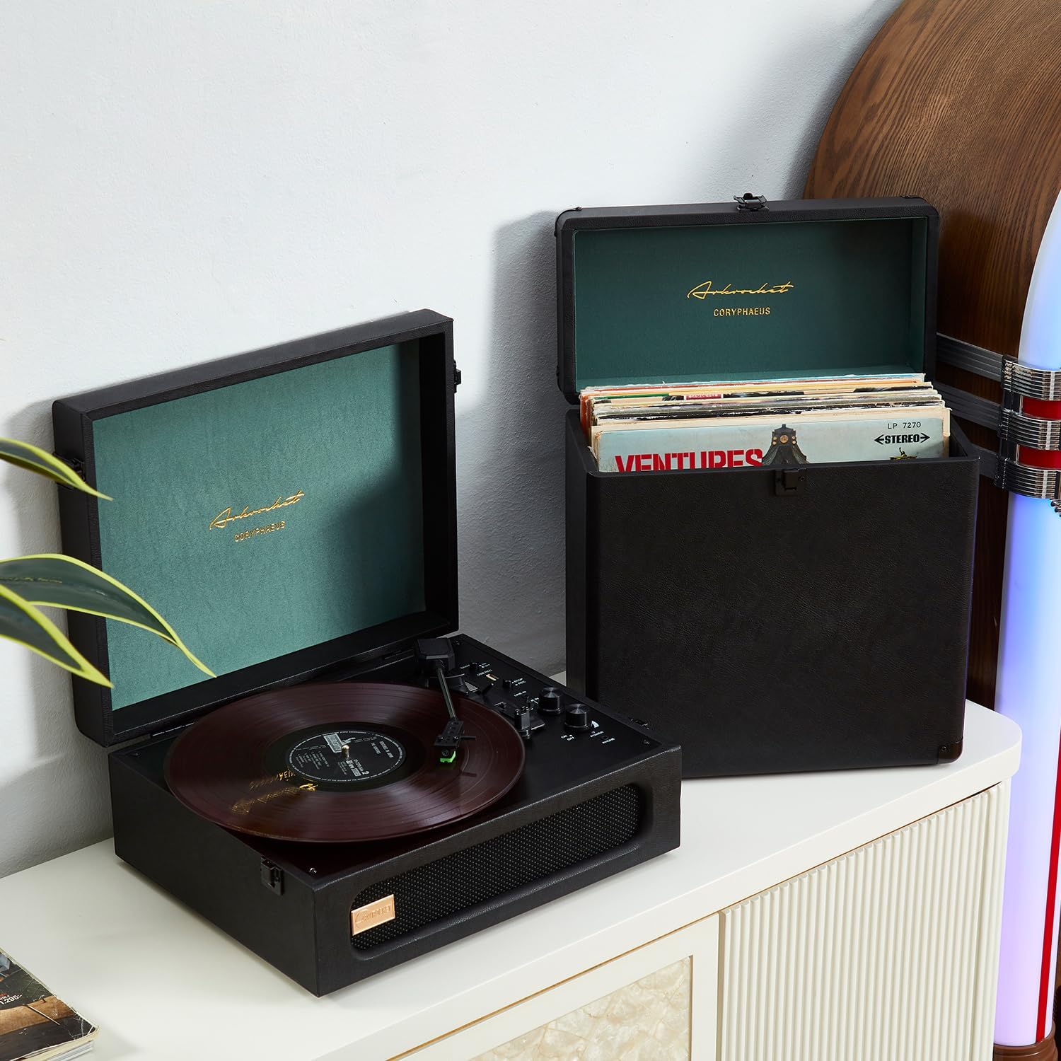 Arkrocket Coryphaeus Vinyl Record Player 3-Speed Bluetooth Input and Output Built-in Speakers with Magnetic Cartridge Auto Off (Black Green + Record Storage Case)