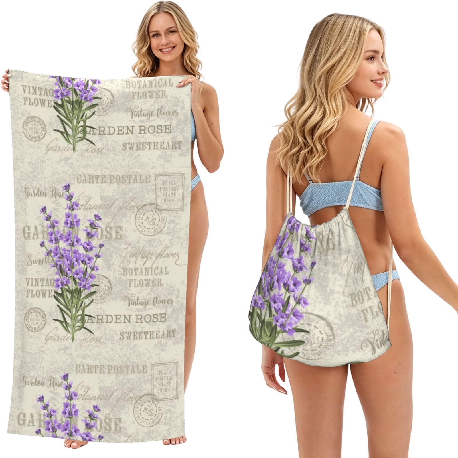 Poadnly As Picture Retro Lavender Stamp, 2 In 1 Packable Towel Bag, Beach Towels With Drawstring Backpack For Travel Holiday Camping