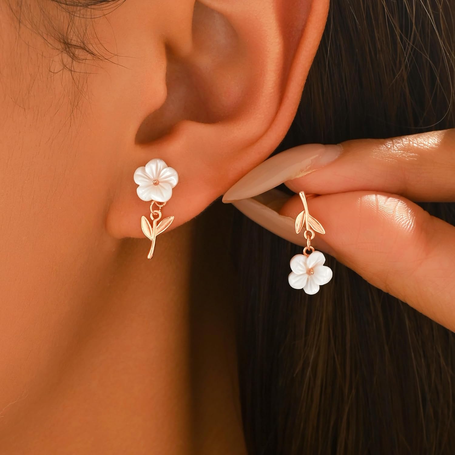 Flower Earring for Women,925 Sterling Silver Dainty White Shell Pearl Flower Stud Earrings to Daughter 14k Gold Plated Leaf Dangle Drop Earrings for Hypoallergenic Birthday Mother's Day Jewelry Gift