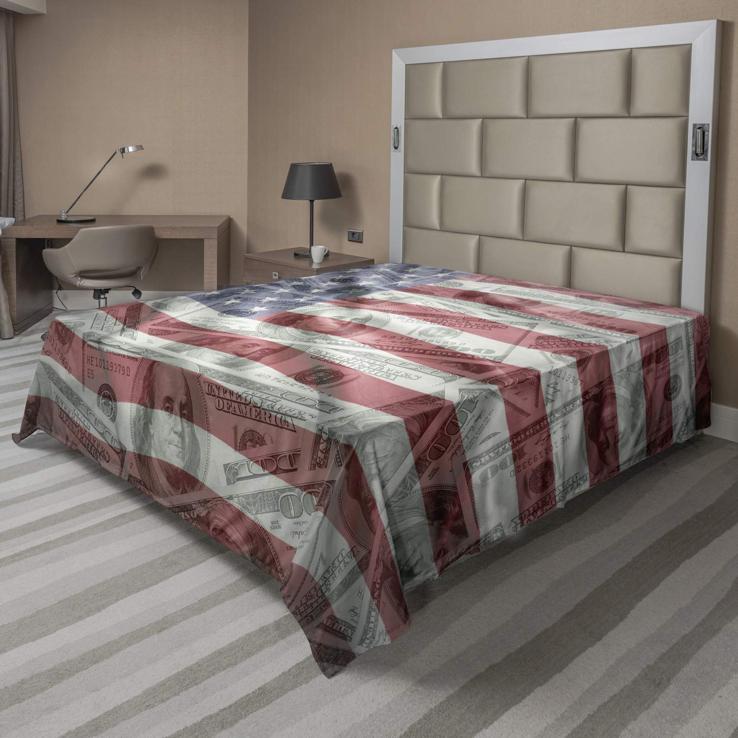 Ambesonne American Flag Flat Sheet, American Dollar on Flag Money Currency Exchange Value Global Finance, Soft Comfortable Top Sheet Decorative Bedding 1 Piece, California King, Multicolor