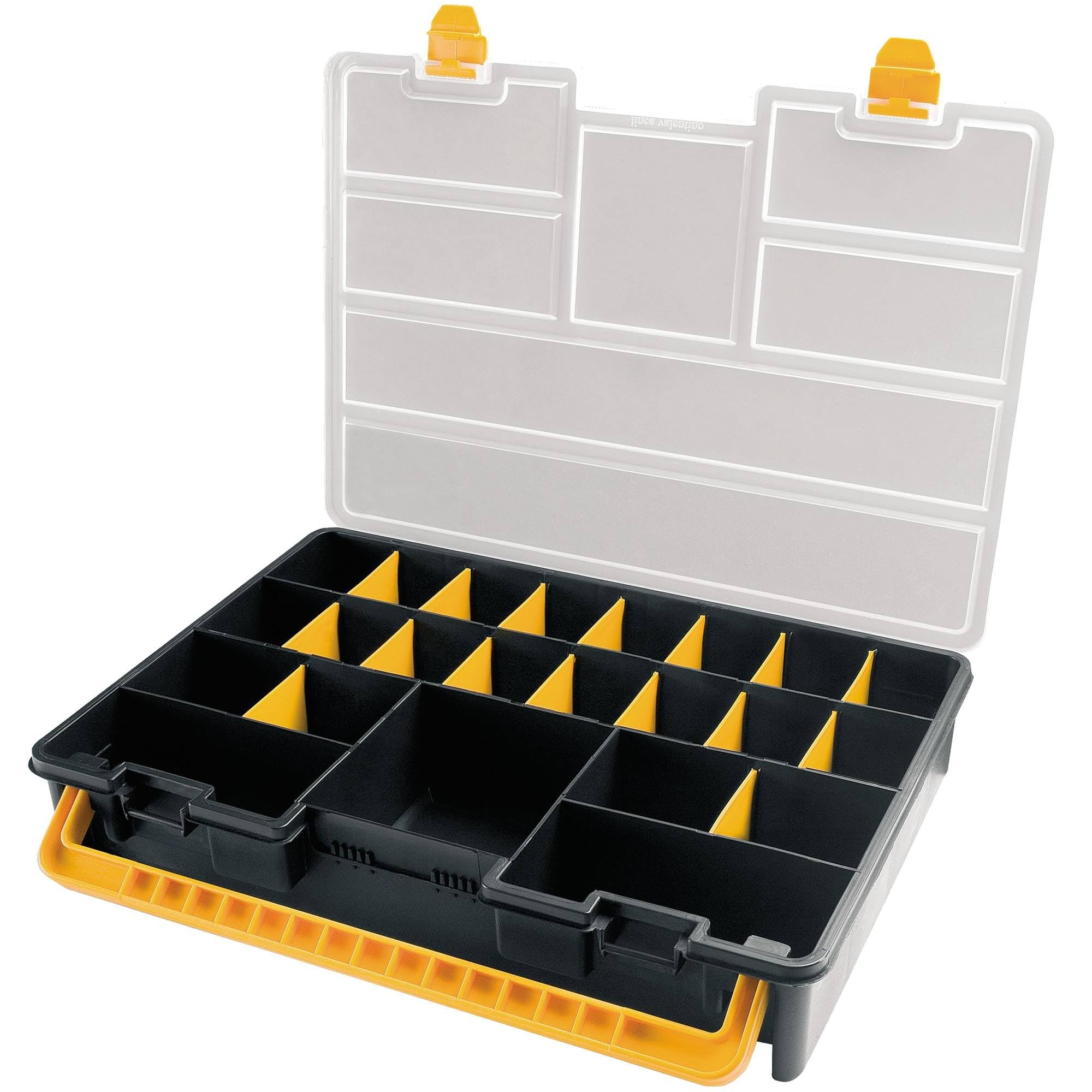 Organizer z tworzywa sztucznego 44,3 x 31,7 x 8 cm ze zdejmowanymi przegrodami, przezroczysta pokrywa