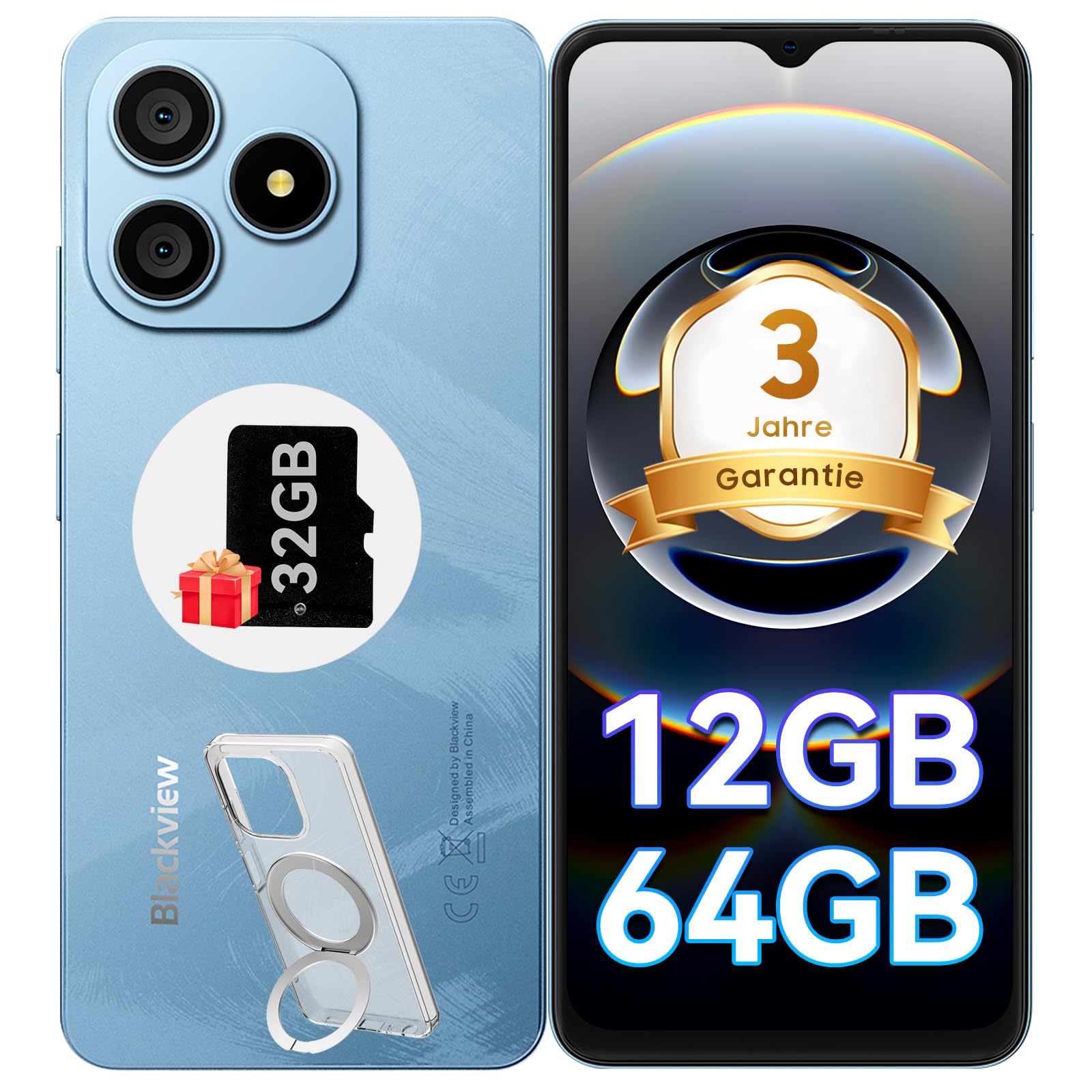 Blackview Wave 9C Handy Ohne Vertrag, 12GB+64GB/2TB TF Handy Günstig, 6.56" Android Smartphone, 13MP KI Kamera Simlockfreie Handys, 5000mAh, 4G Dual SIM/FM/IP54/GPS/3Jahre Garantie/OTG mit 1 TF