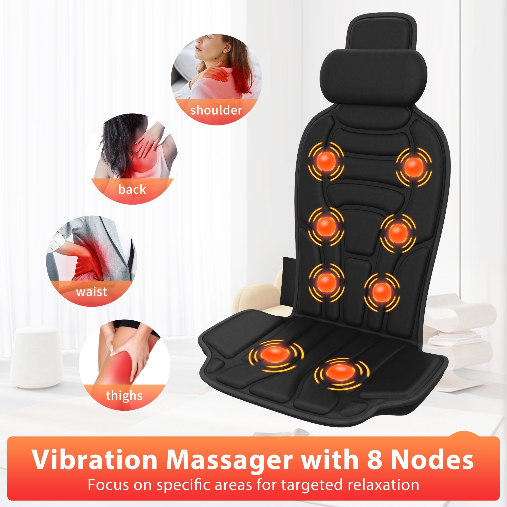 Rückenmassagegerät mit Wärme, 8 Motor Vibration Stuhl Massagekissen mit Beheiztem Nackenkissen, 5 Modi & 2 Wärmestufen, für Bürostuhl, Sofa und Relaxer, Mitternacht