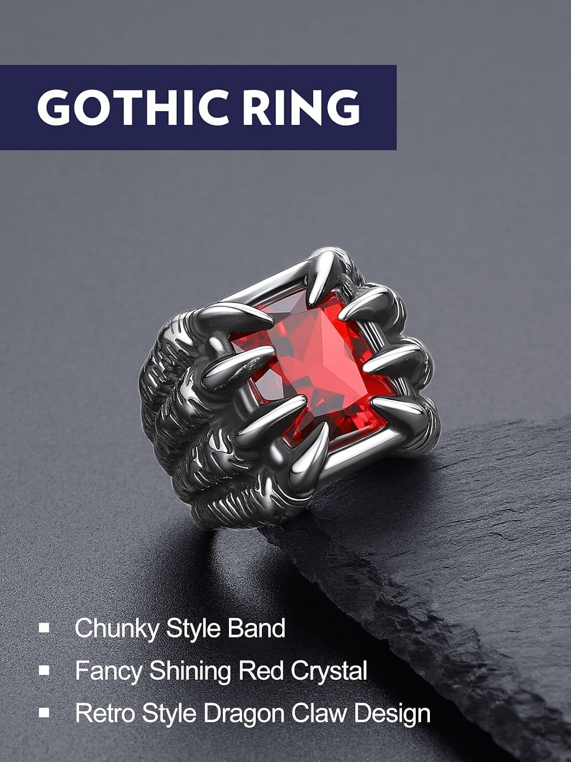 Bandmax Punk Gothic Style Red Stone Rings for Men Women Stainless Steel Goth Rock Evil Dragon Claw Eye Ball Ring Statement Costume Ring for Halloween Party