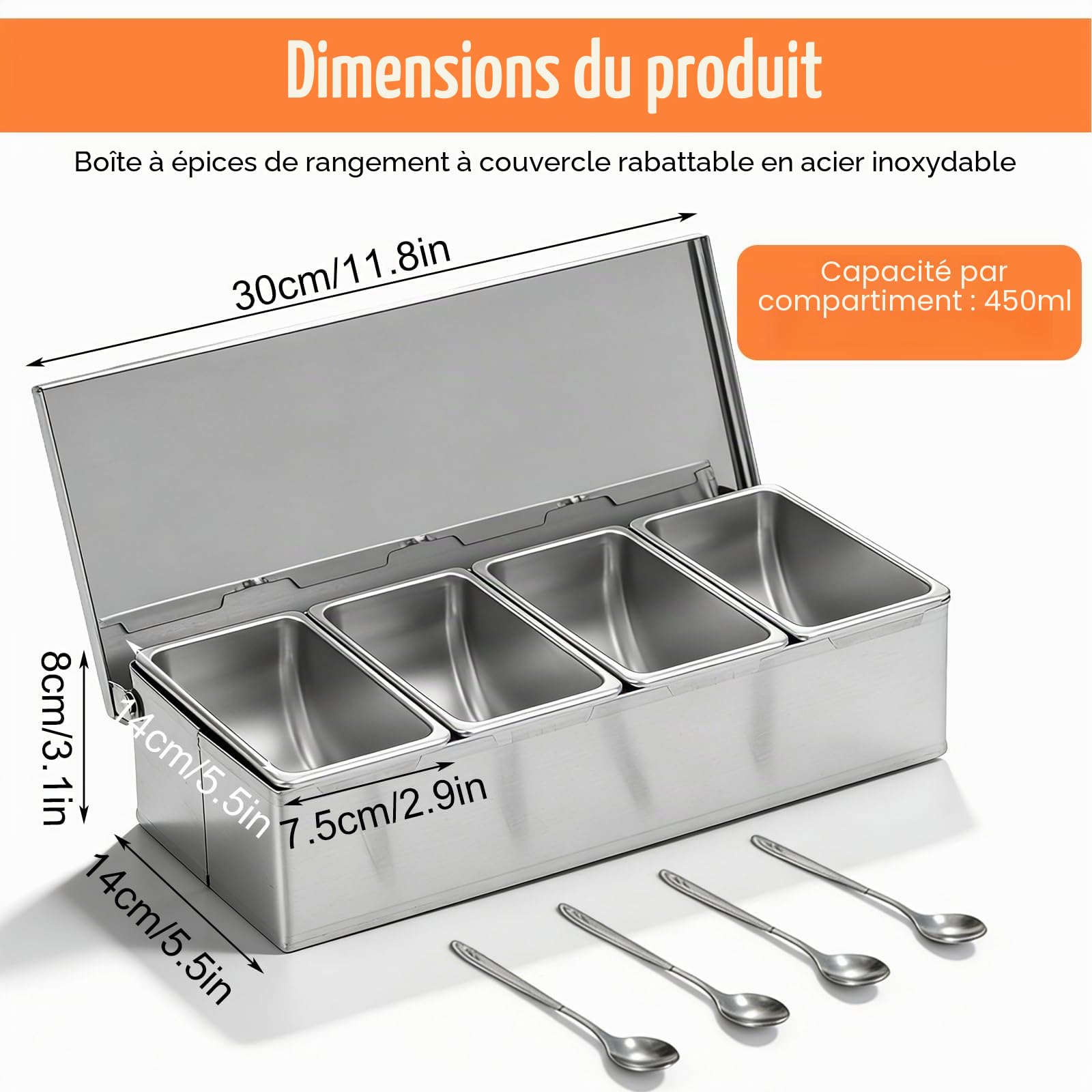 PORFOYO Boîte à Ingrédients En Acier Inoxydable 4 Compartiments: Organisateur De Condiments à 4 Compartiments, Avec Couvercle Et Cuillère, Station De Garniture De Pizza Pour La Maison à Domic