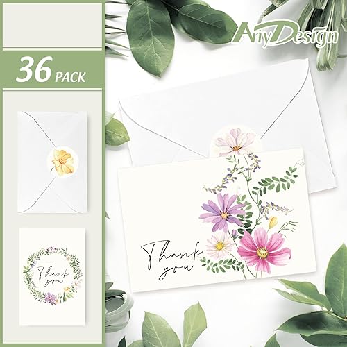 Miniatura 3 de AnyDesign Paquete de 36 tarjetas de agradecimiento florales, tarjetas de felicitación de flores silvestres en acuarela con sobres, calcomanías para