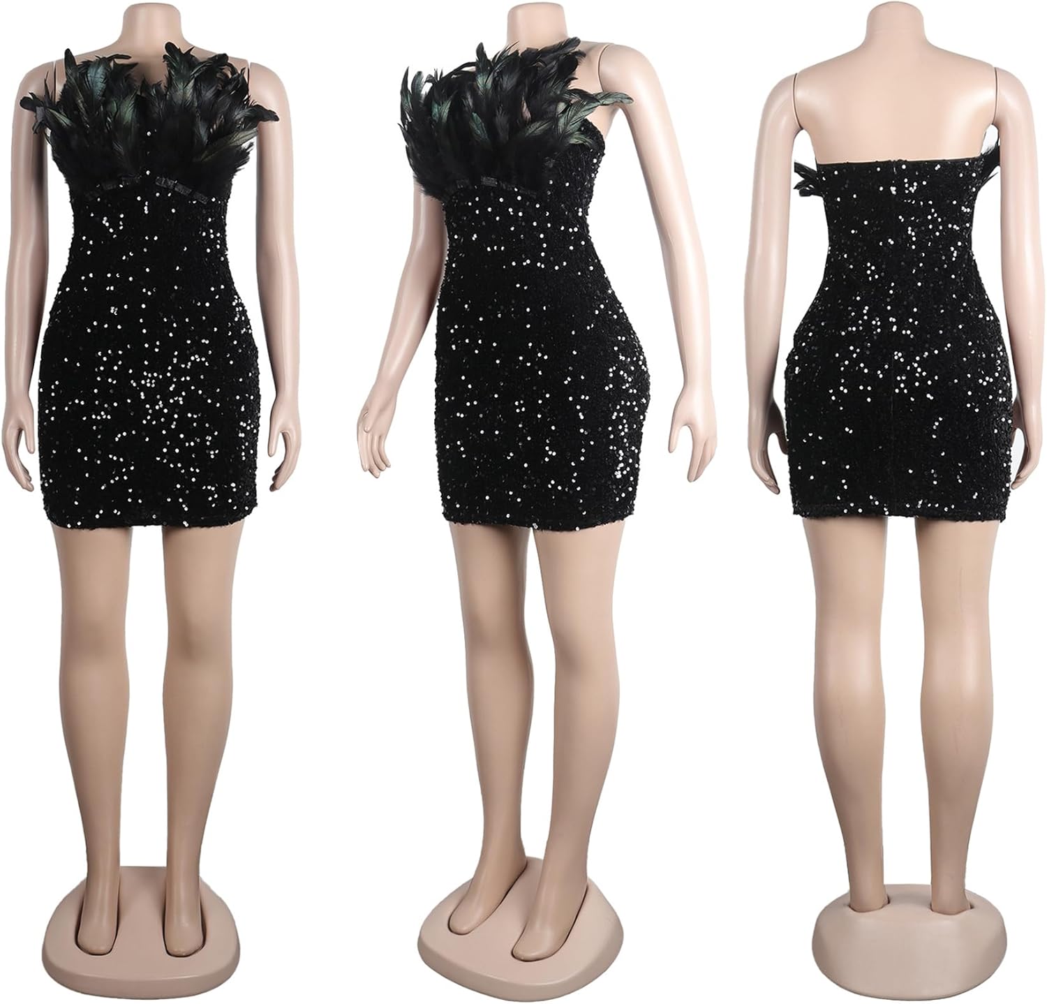 Geulis Women's Sexy Sequin Wedding Guest Dresses Feather Sparkly Glitter Strapless Bodycon Dress Party Club Mini Dress - Image 4