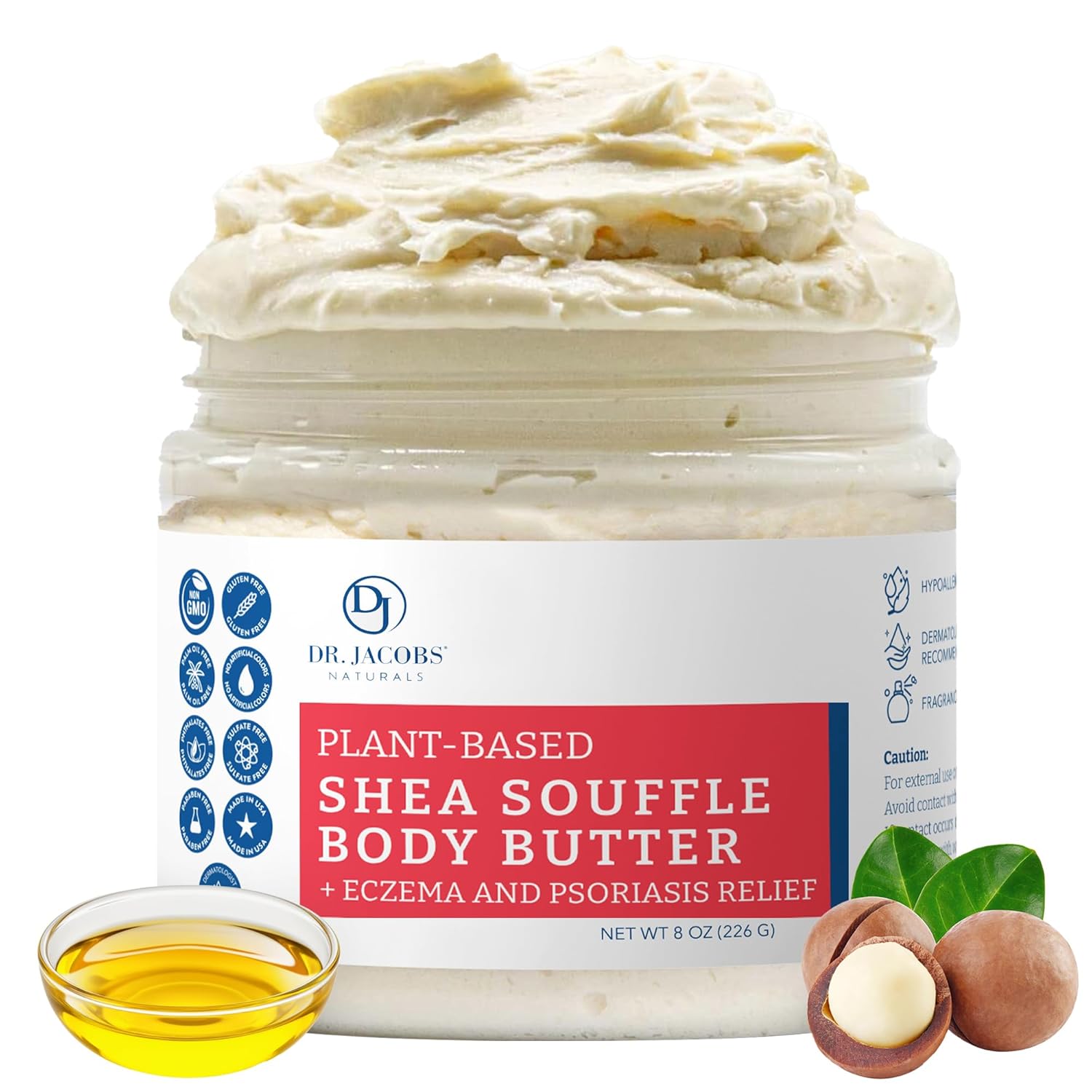 Dr. Jacobs Naturals Shea Soufflé Body Butter for Men and Women - Whipped Shea Butter for Skin Moisture and Softness Without Thick, Greasy Feel - Plant-Based Gentle Formula - Unscented