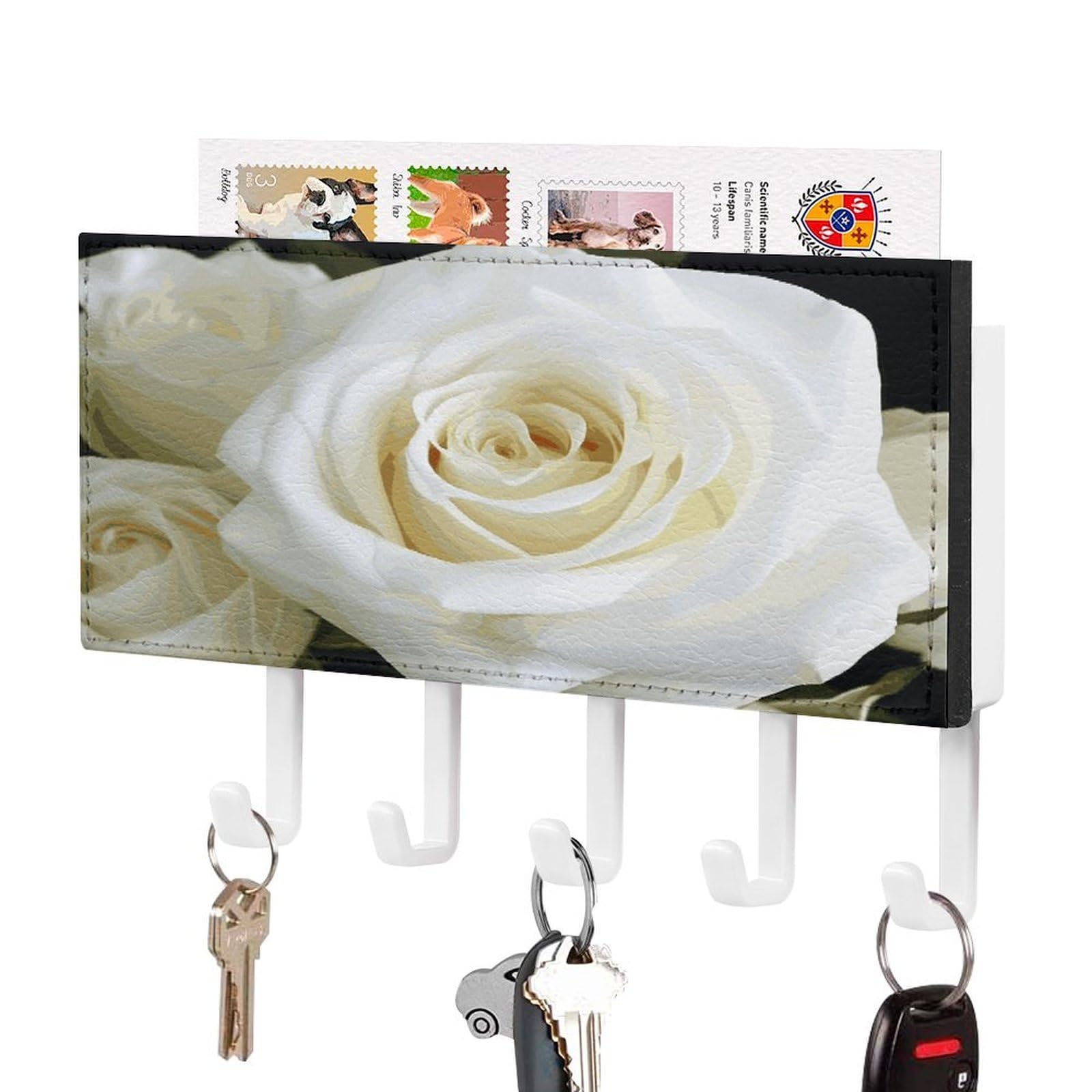 LDGSUPH White Rose Key Holder Wall Mount Key Hanger with 5 Hooks Fashion Key Organizer Rack Hanging Key Hooks with Mail Organizer Key Rack for Home Entryway Hallway White-Style