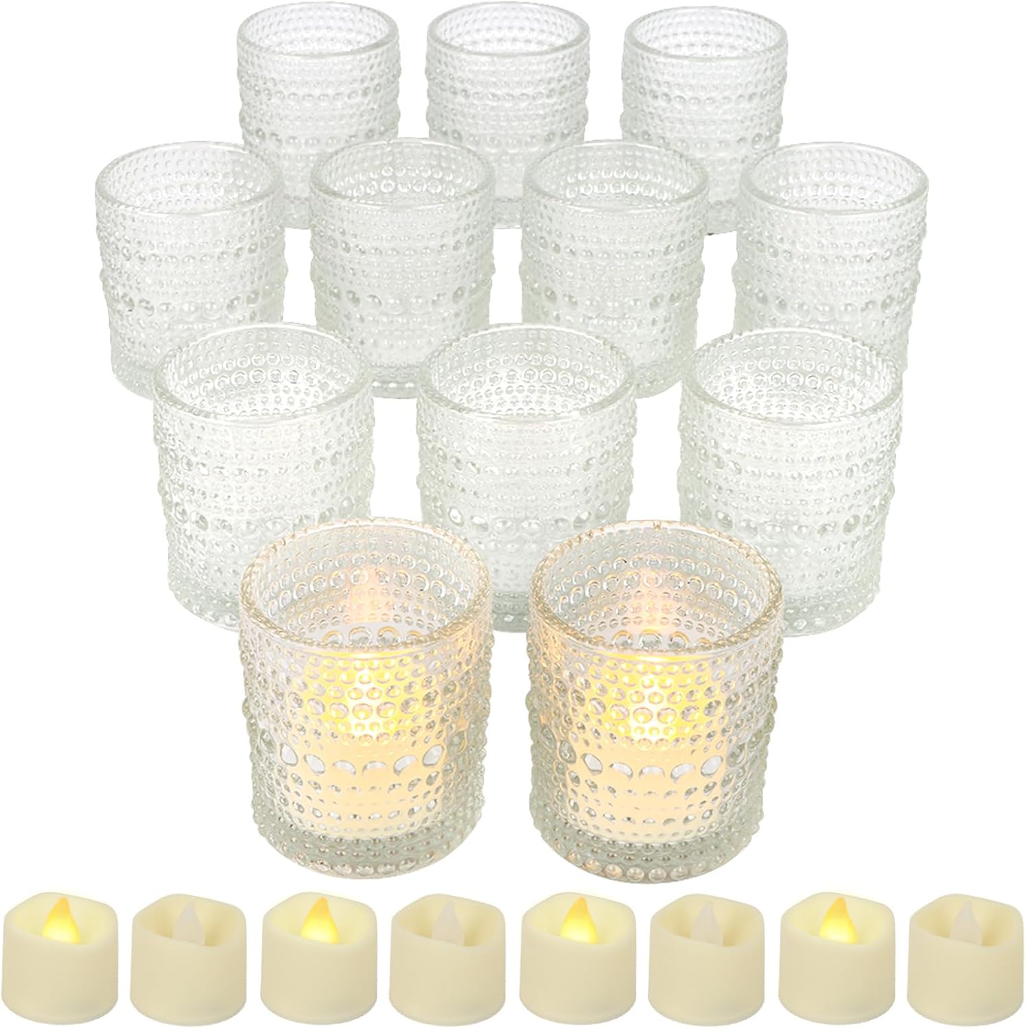 12 Pcs Glass Votive Candle Holders with Flickering Flameless Tea Lights Candles – Tealight Candle Holders for Weddings and Special Occasions – Elegant Tea Lights Candle Holder Set