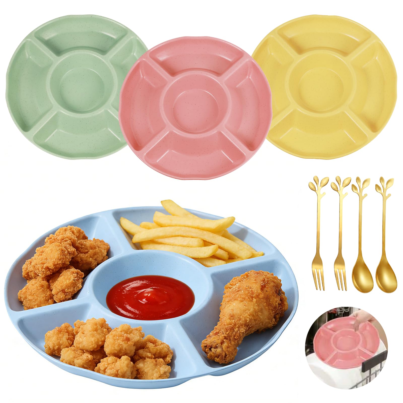 YiyouYi Compartment Trays with 5 Sections, Round Snack Plate Stackable and Non-Slip, Snack Platter Microwave/Dishwasher/Reusable for Camping, Picnic, Kitchen, BBQ, Party (23 x 23 x 2.7 cm) — image 1