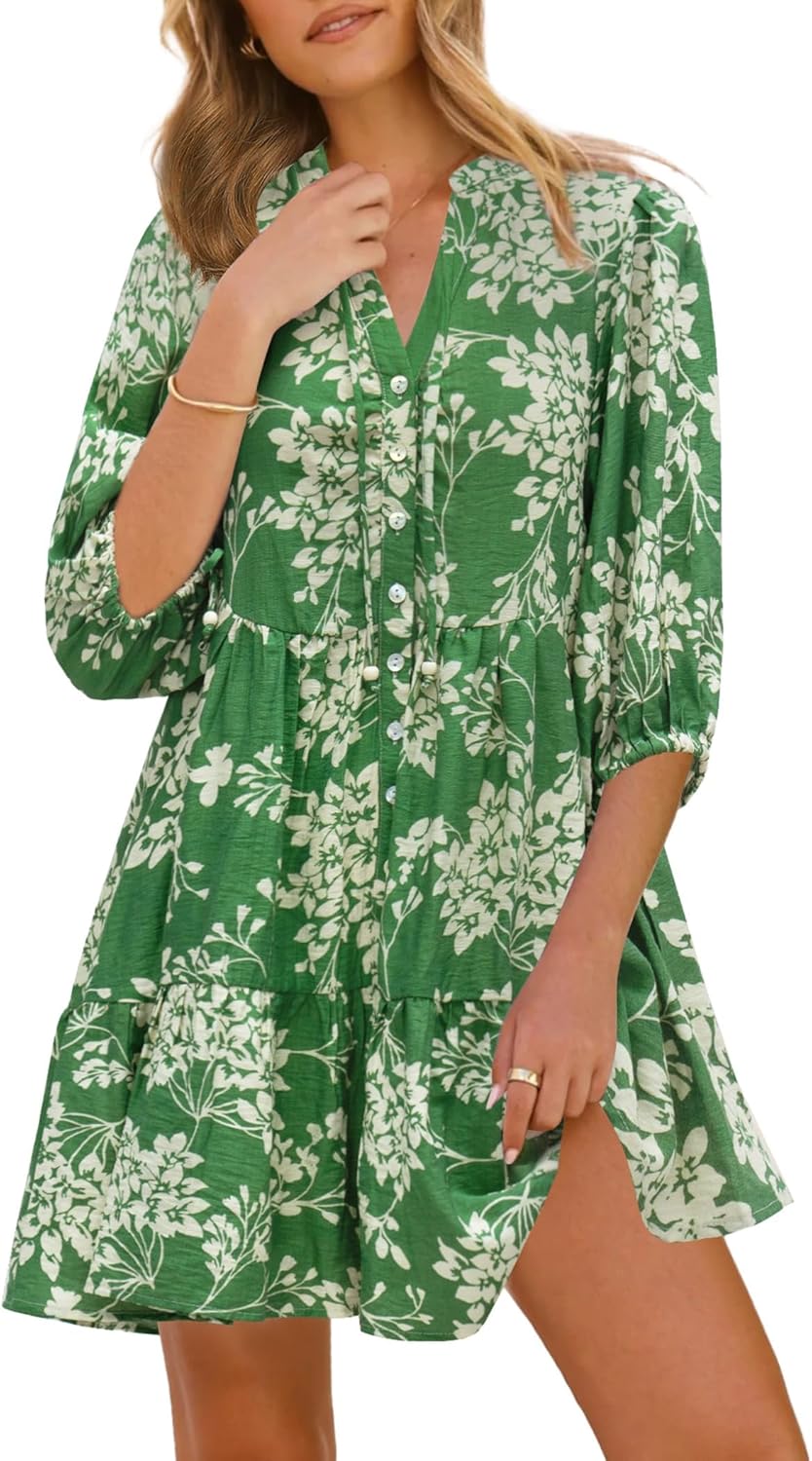 Womens summer boho beach mini dress casual button down