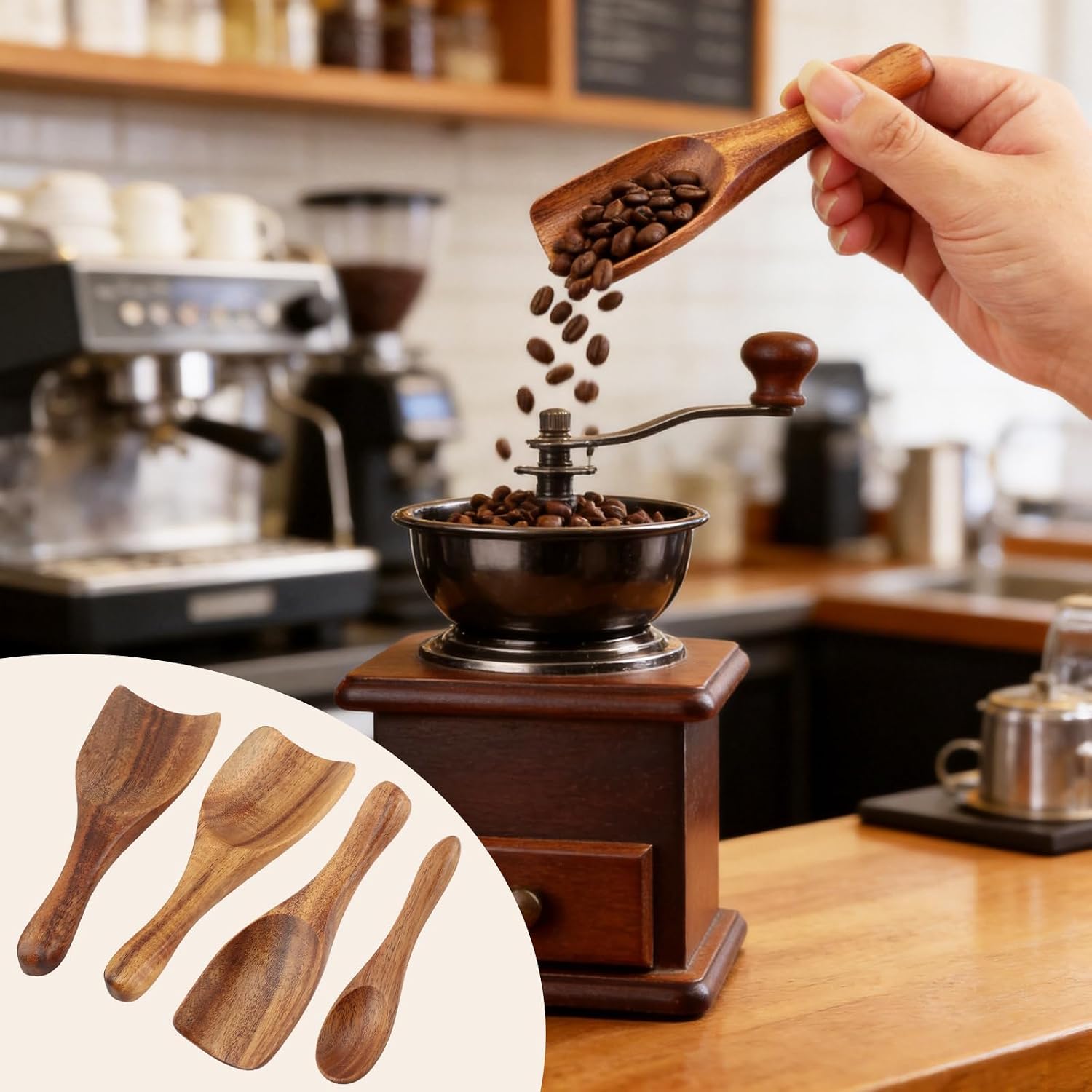 Wooden Coffee Scoops, ​4-Piece Wooden Scoop for Canisters, Ground Coffee, Tea and Sugar, Handmade Wood Scoop with 3 Fat Shovel Scoops and 1 Round Head Spoon