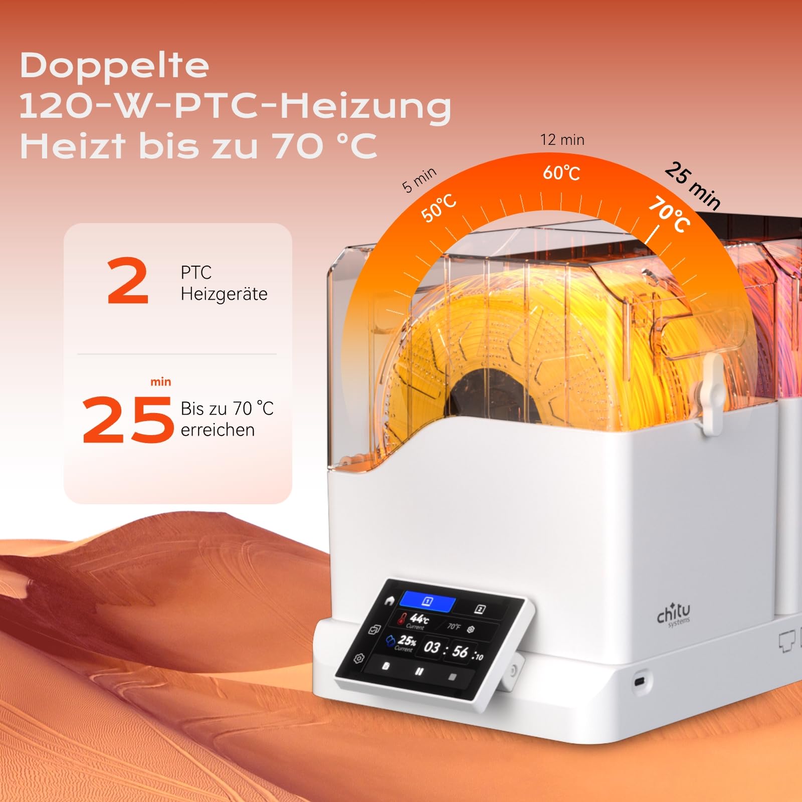 Chitu Systems FilaPartner E1 Filament Trockner – 4 Rollen mit 2 unabhängig temperaturgesteuerten Kammern, 10% energiesparender, kompatibel mit AMS Lite, Trockenbox für PLA/ABS/TPU/PETG