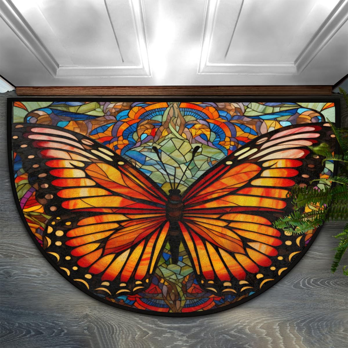 CFERSAN Butterfly Half Round Door Mat, Non-Slip Entrance Welcome Mat for Indoor Semi Circle Bathroom Floor Rugs Outdoor Mats House Entry Way Heavy