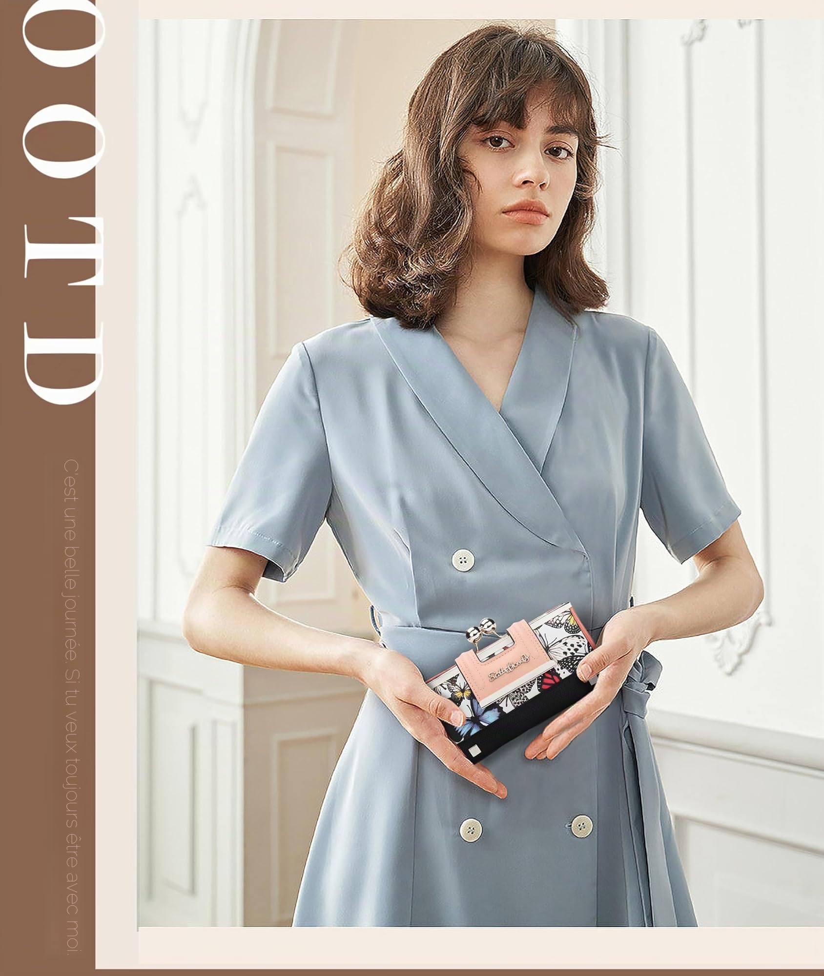AFKOMST Portefeuille pour Femme en Cuir de Grande capacité Sac à Main Long avec 10 Compartiments pour Cartes et Clips et Porte-Monnaie zéro avec Boucle au Milieu.., 01b-Papillon