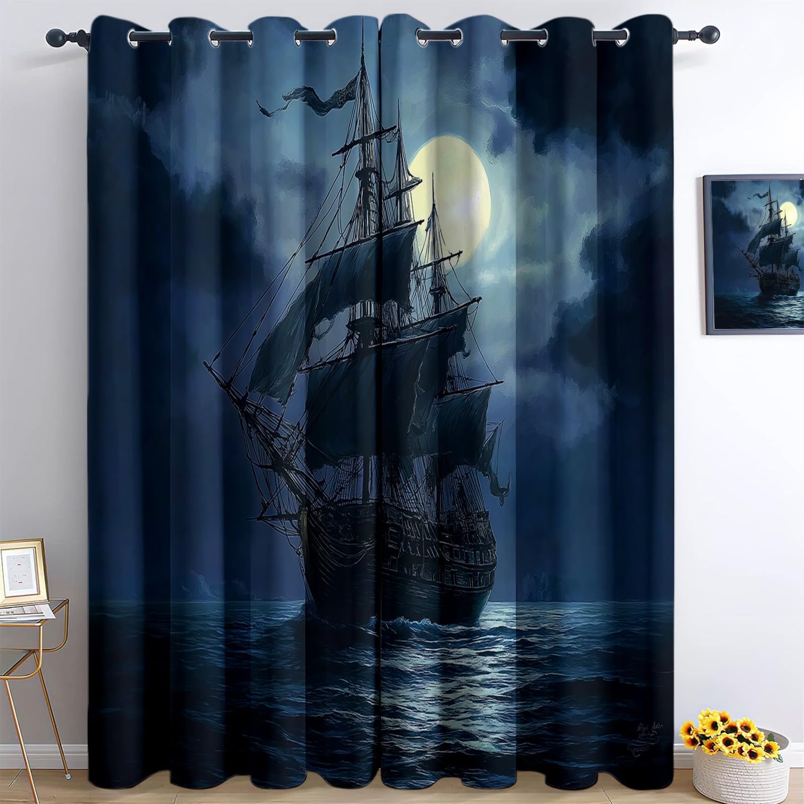 Chambre bébé douce avec les rideaux occultants voilier bleu mer de l140