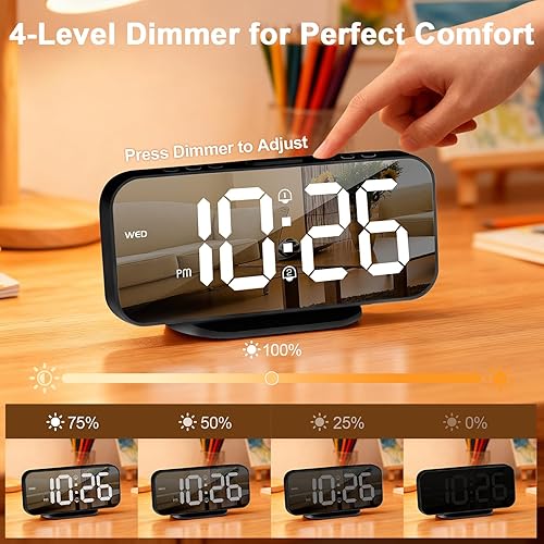 Miniatura 3 de Reloj despertador digital delgado ALANAS para dormitorios, alarmas duales con repetición, superficie de espejo, atenuador de 4 niveles y 2 puertos