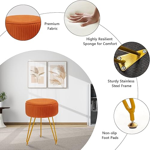 Miniatura 6 de Leesingdo Taburete de Tocador de Terciopelo, Otomana Moderna Reposapiés con Patas Doradas Ajustables, Silla de Maquillaje para Tocador, Silla de
