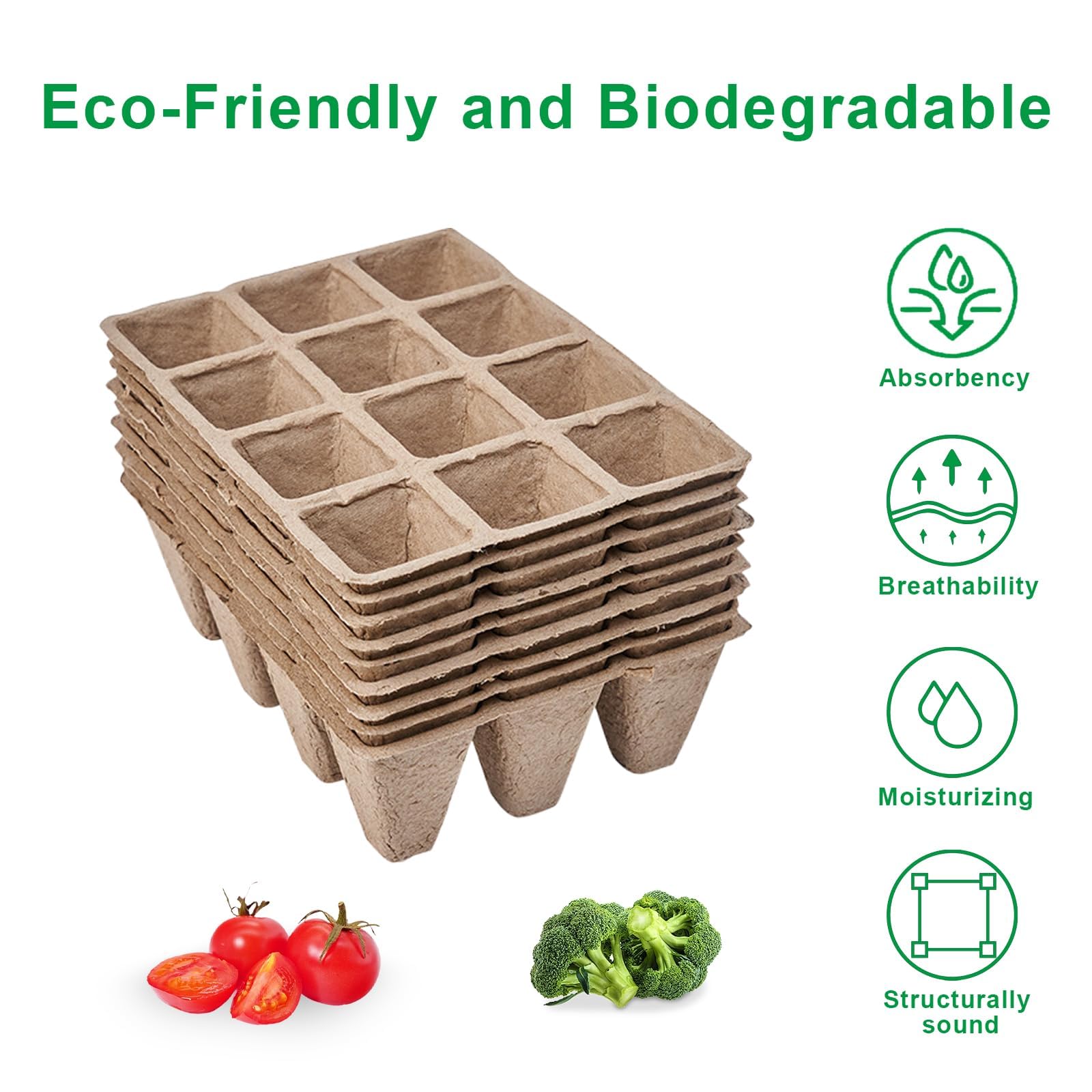Lot de 5 plateaux de démarrage biodégradables pour semis, 60 cellules, pots de tourbe respectueux de l'environnement
