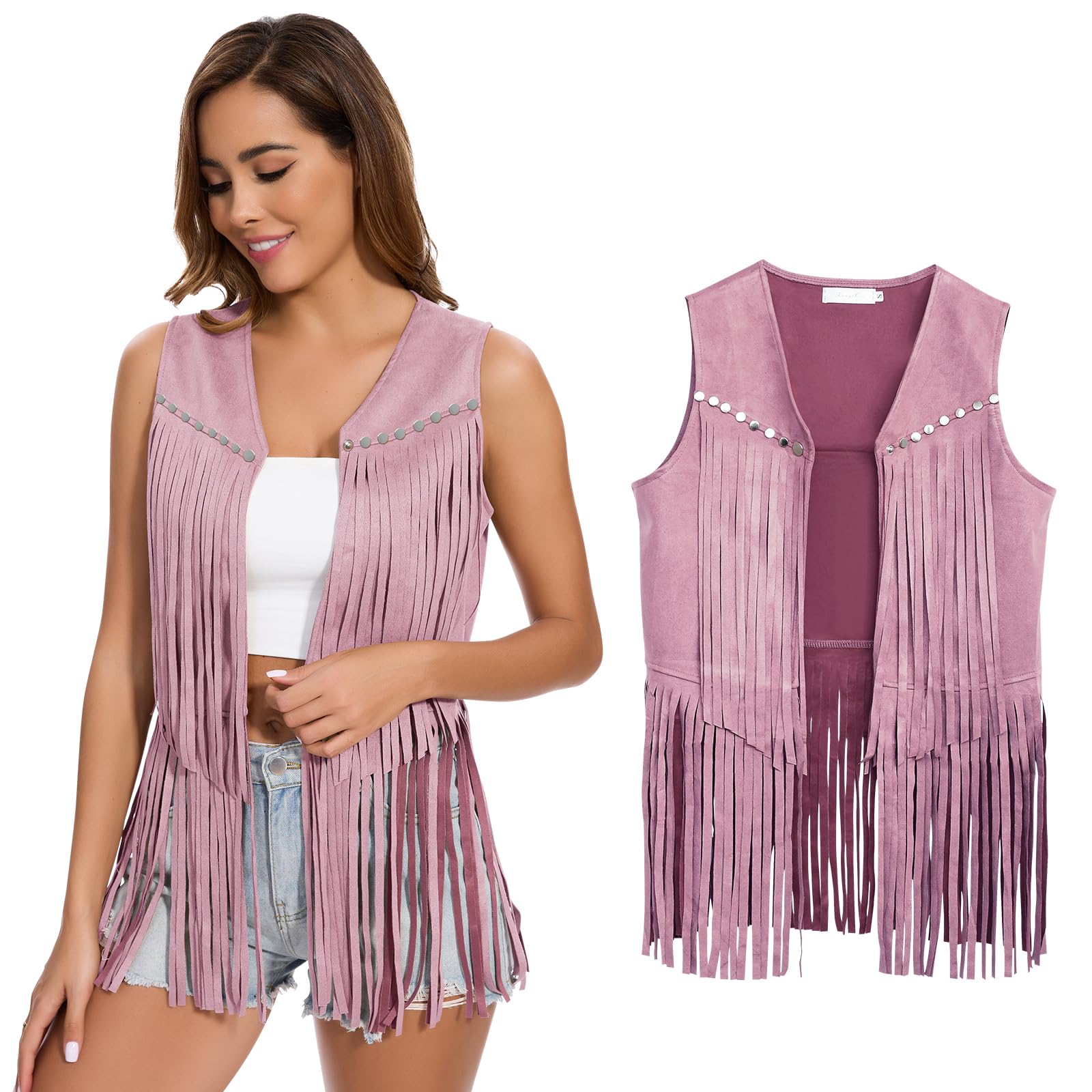 XonyiCos Women's Fringe Vest 60s 70s Hippie Vest Sleeveless Cowgirl Western Faux Suede Tassel Leather Jacket Party Halloween